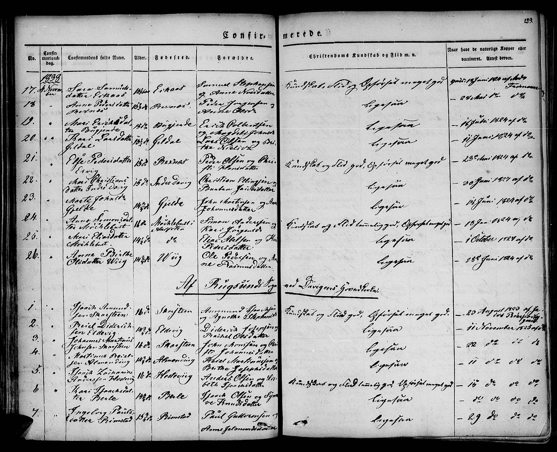 Davik sokneprestembete, AV/SAB-A-79701/H/Haa/Haaa/L0004: Parish register (official) no. A 4, 1830-1849, p. 129