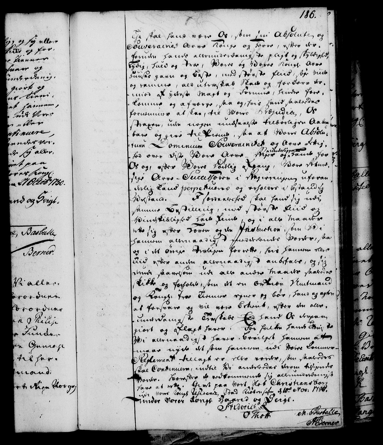 Rentekammeret, Kammerkanselliet, RA/EA-3111/G/Gg/Gge/L0003: Norsk bestallingsprotokoll med register (merket RK 53.27), 1745-1761, p. 186