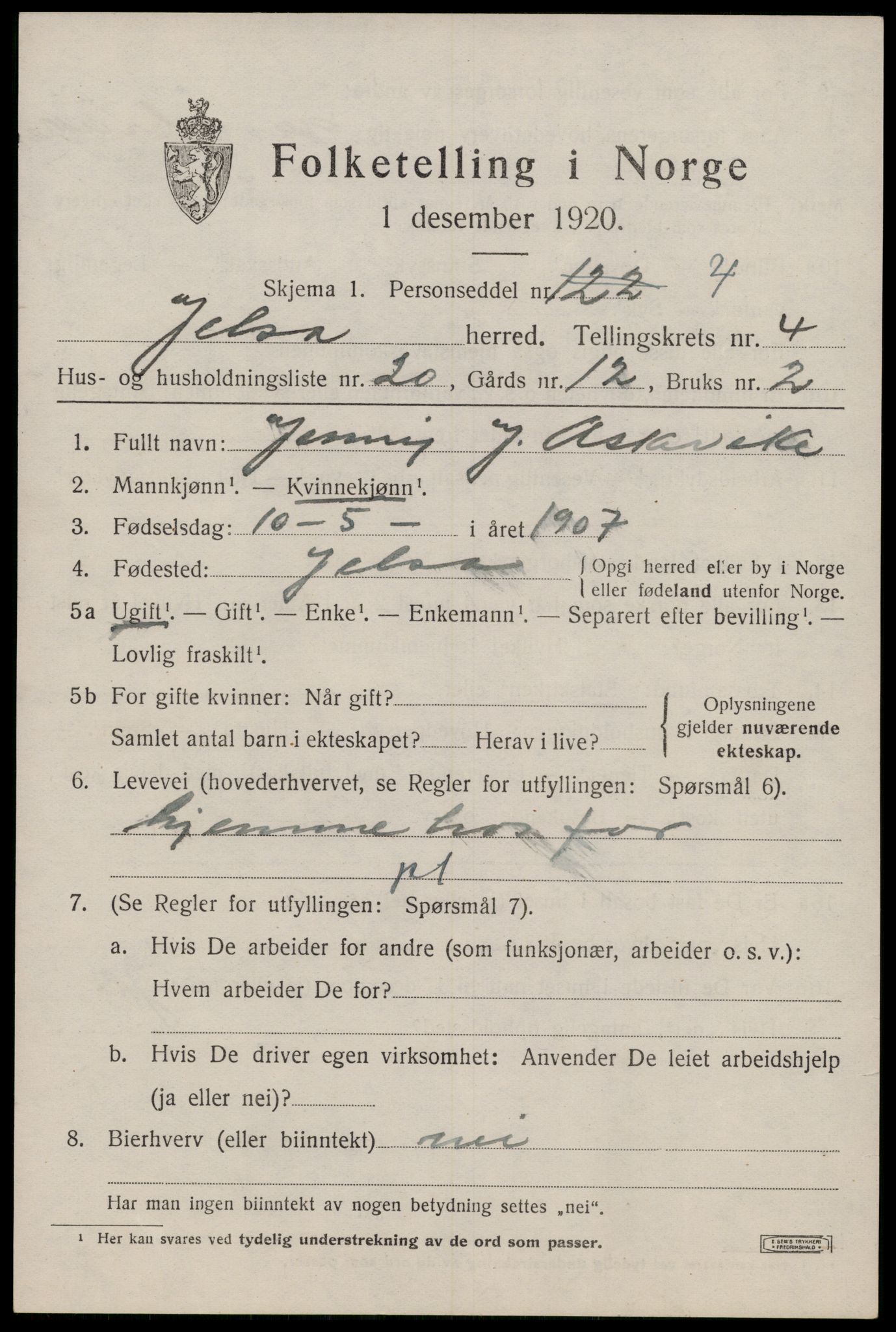 SAST, 1920 census for Jelsa, 1920, p. 1420