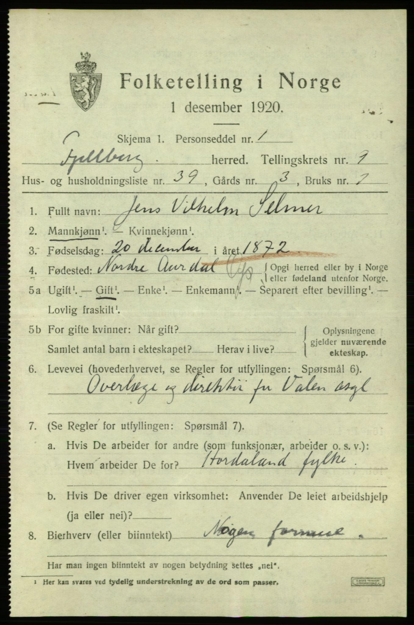 SAB, 1920 census for Fjelberg, 1920, p. 4411