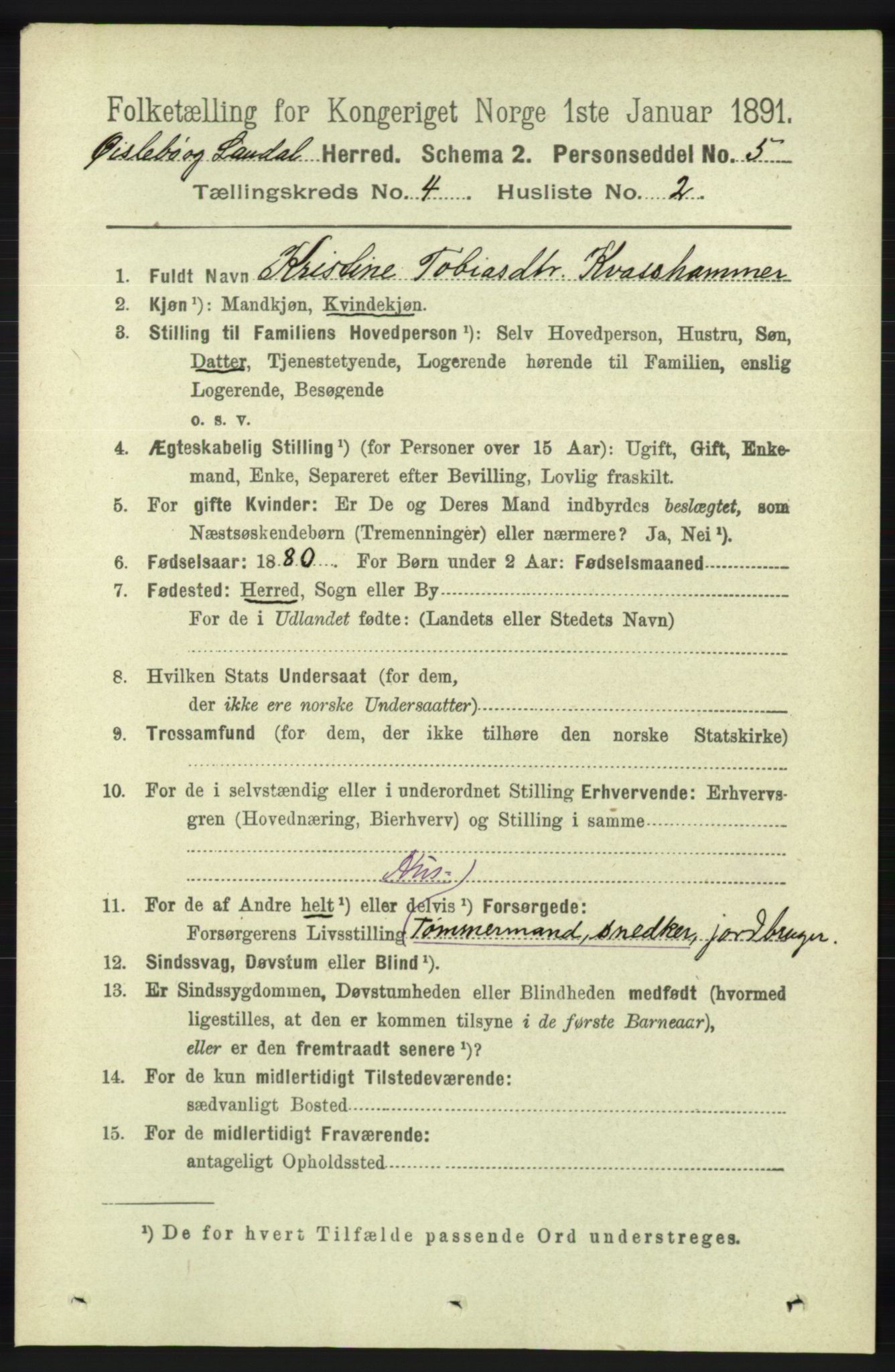 RA, 1891 census for 1021 Øyslebø og Laudal, 1891, p. 1013