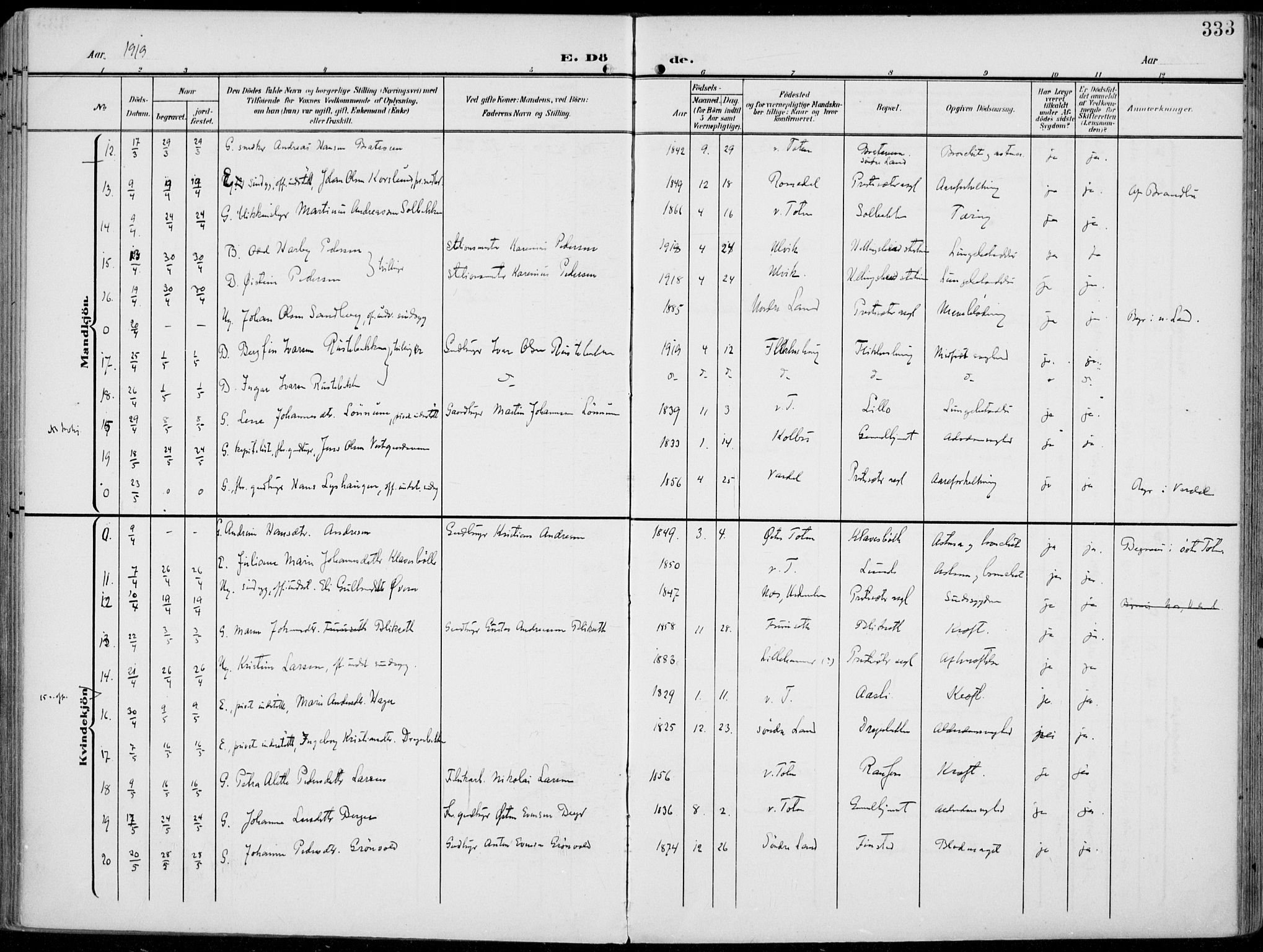 Vestre Toten prestekontor, SAH/PREST-108/H/Ha/Haa/L0014: Parish register (official) no. 14, 1907-1920, p. 333