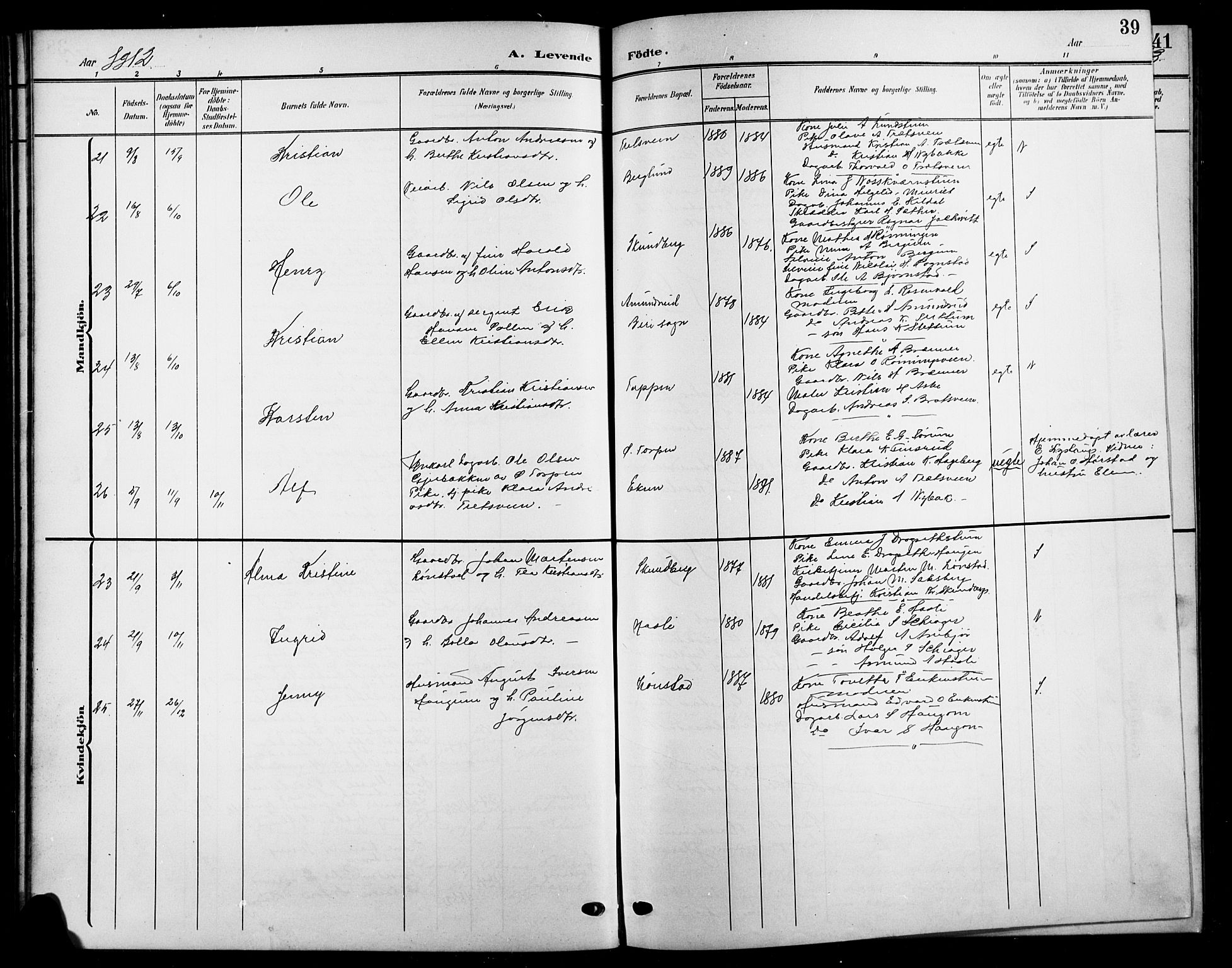 Biri prestekontor, SAH/PREST-096/H/Ha/Hab/L0005: Parish register (copy) no. 5, 1906-1919, p. 39
