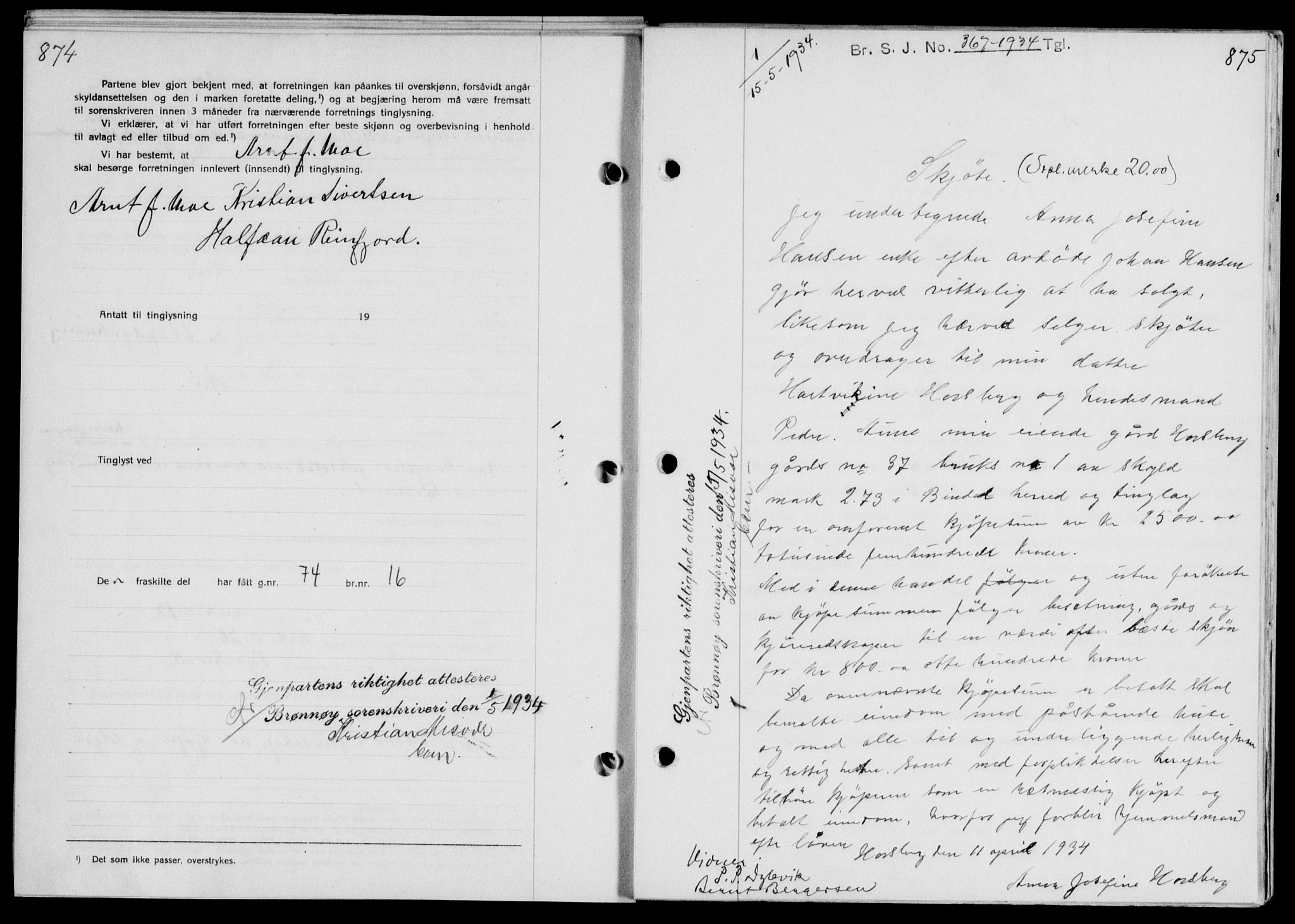 Brønnøy sorenskriveri, SAT/A-4170/1/2/2C/L0011: Mortgage book no. 11, 1933-1934, p. 874-875, Deed date: 15.05.1934