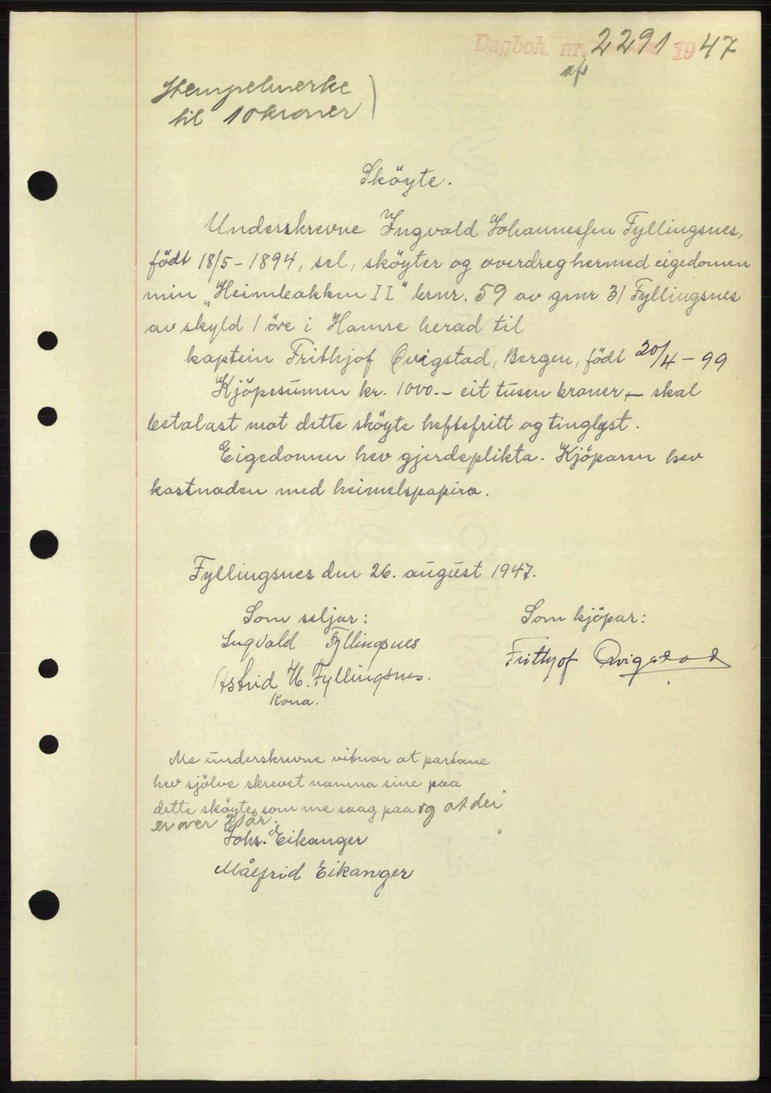 Nordhordland sorenskrivar, SAB/A-2901/1/G/Gb/Gbf/L0032: Mortgage book no. A32, 1947-1947, Diary no: : 2291/1947