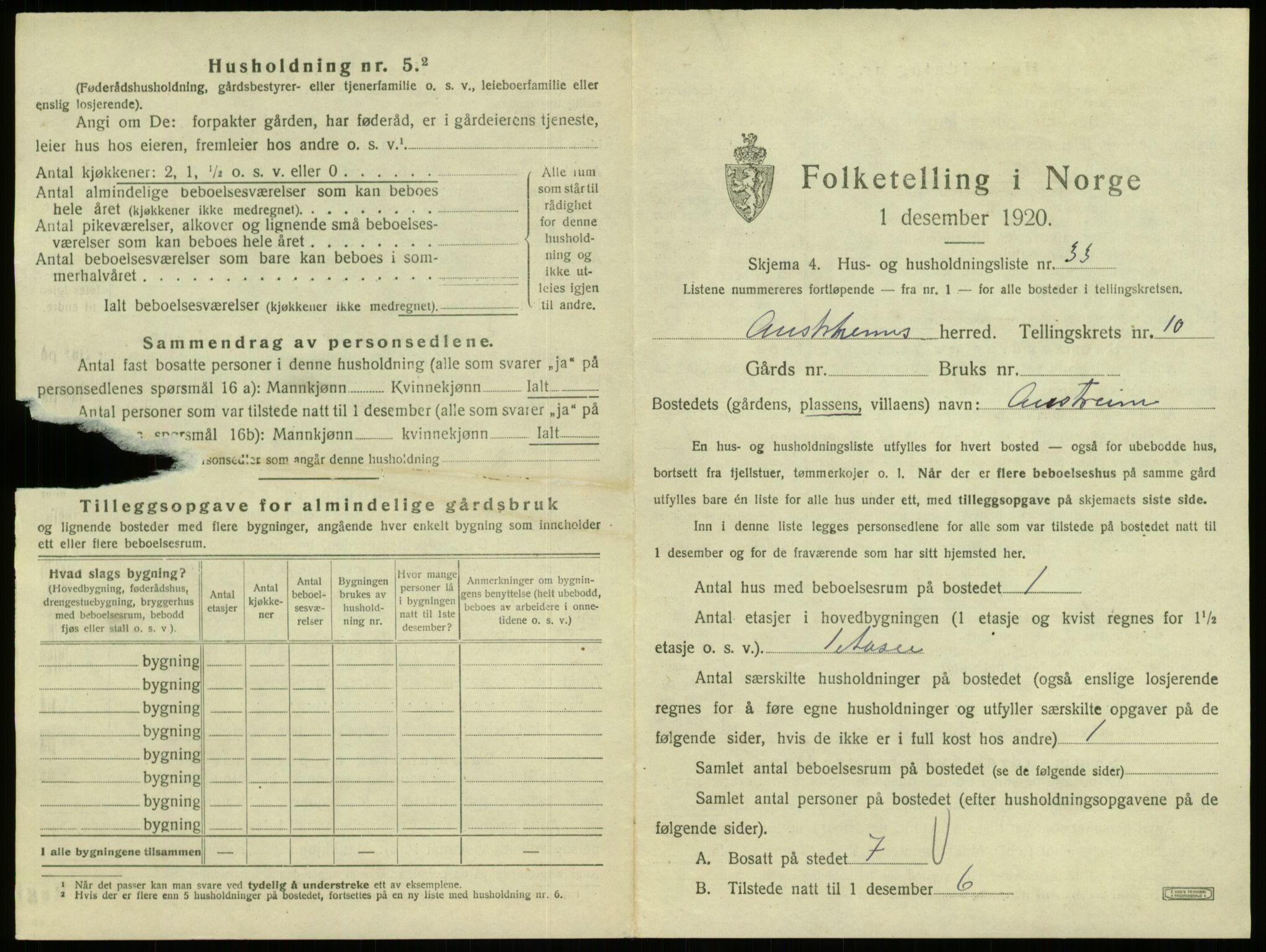 SAB, 1920 census for Austrheim, 1920, p. 528