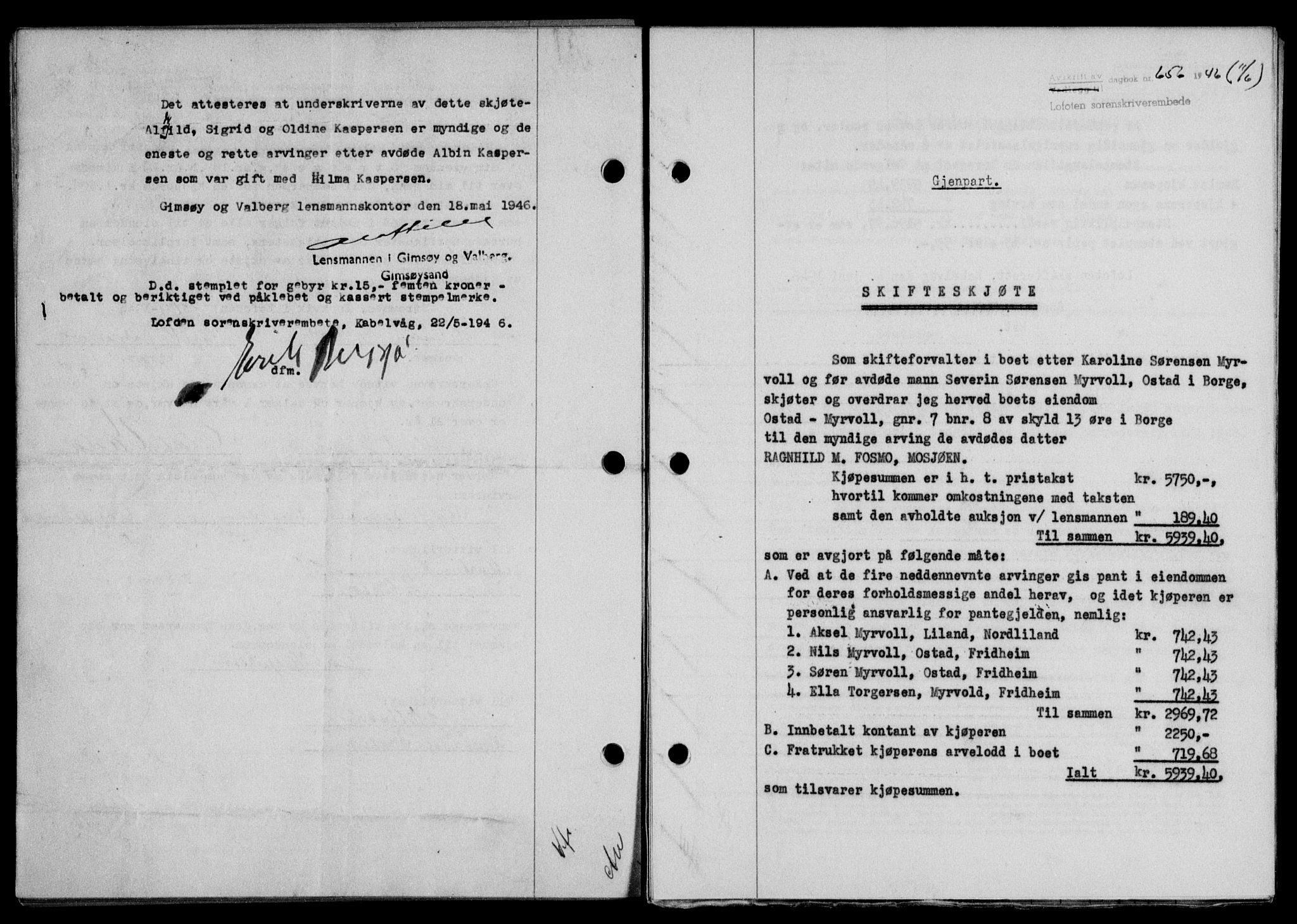 Lofoten sorenskriveri, SAT/A-0017/1/2/2C/L0014a: Mortgage book no. 14a, 1946-1946, Diary no: : 656/1946