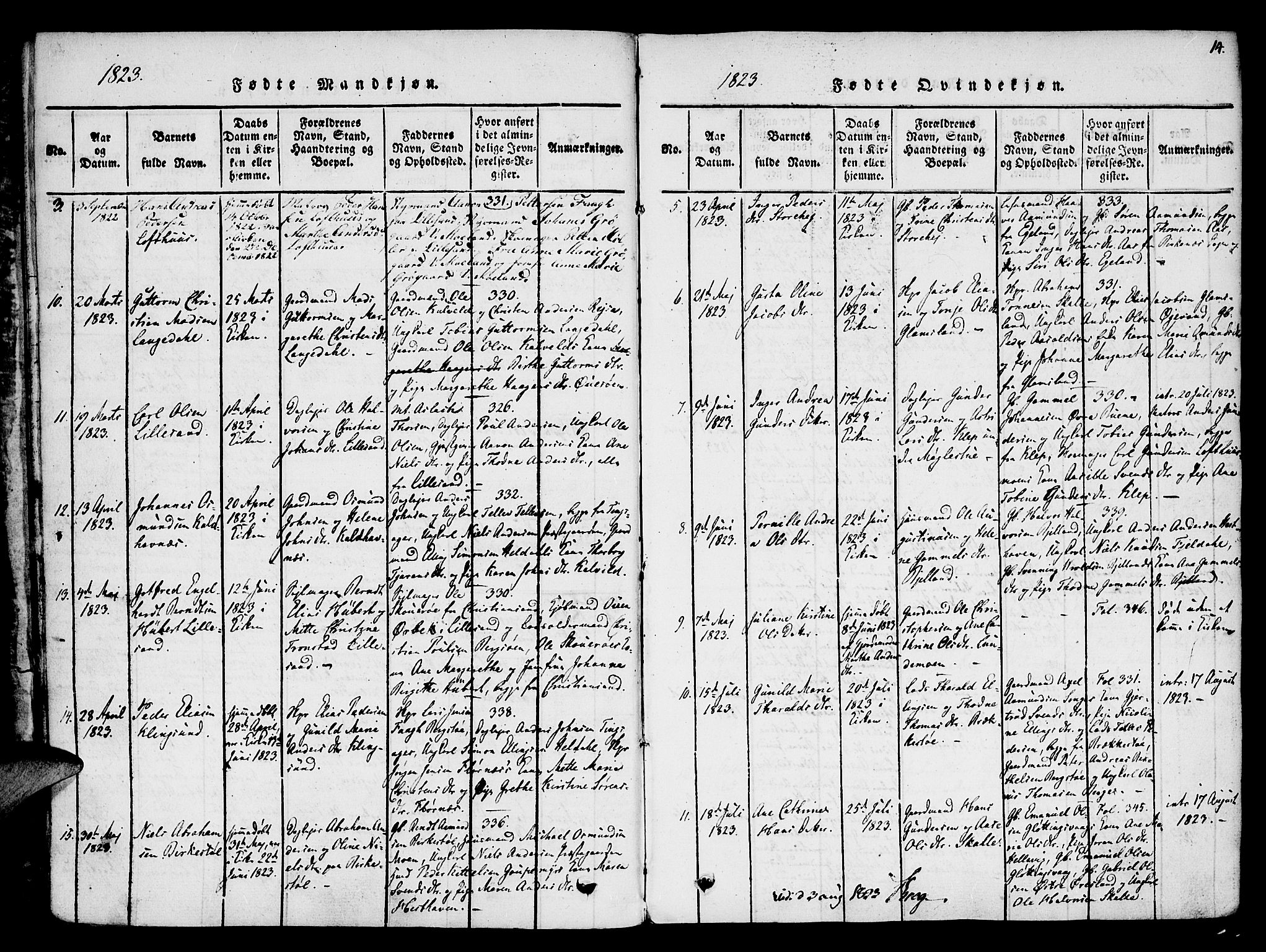 Vestre Moland sokneprestkontor, AV/SAK-1111-0046/F/Fa/Fab/L0003: Parish register (official) no. A 3, 1816-1843, p. 14