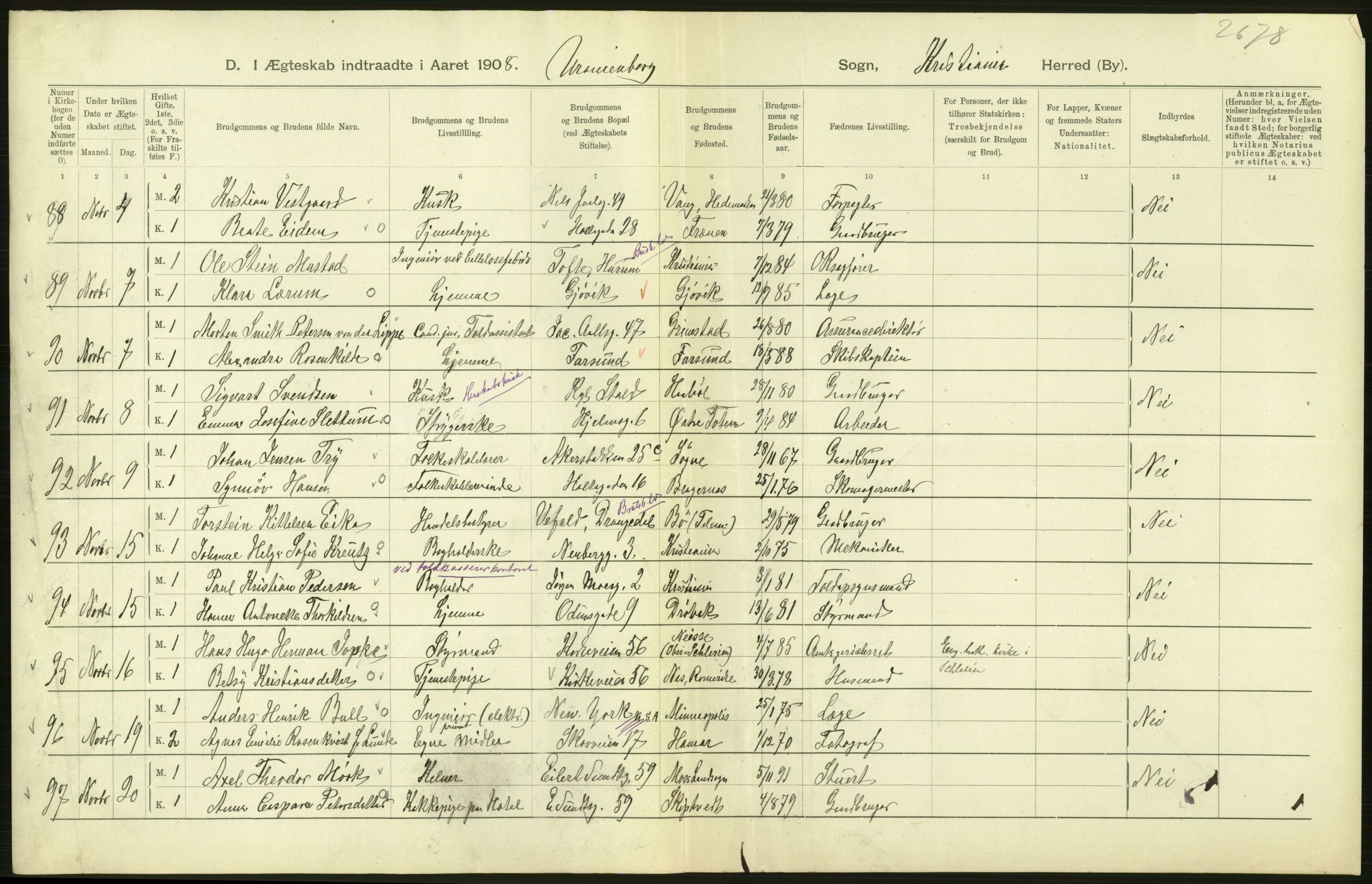 Statistisk sentralbyrå, Sosiodemografiske emner, Befolkning, AV/RA-S-2228/D/Df/Dfa/Dfaf/L0007: Kristiania: Gifte, 1908, p. 484