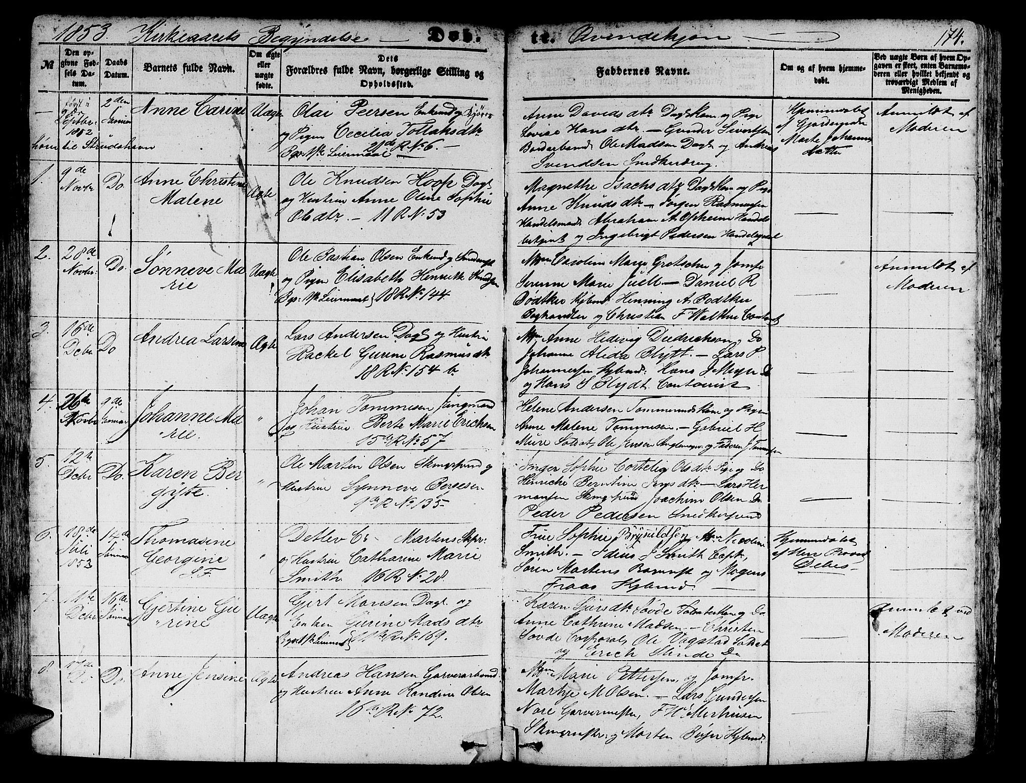 Domkirken sokneprestembete, SAB/A-74801/H/Hab/L0010: Parish register (copy) no. B 3, 1849-1856, p. 174