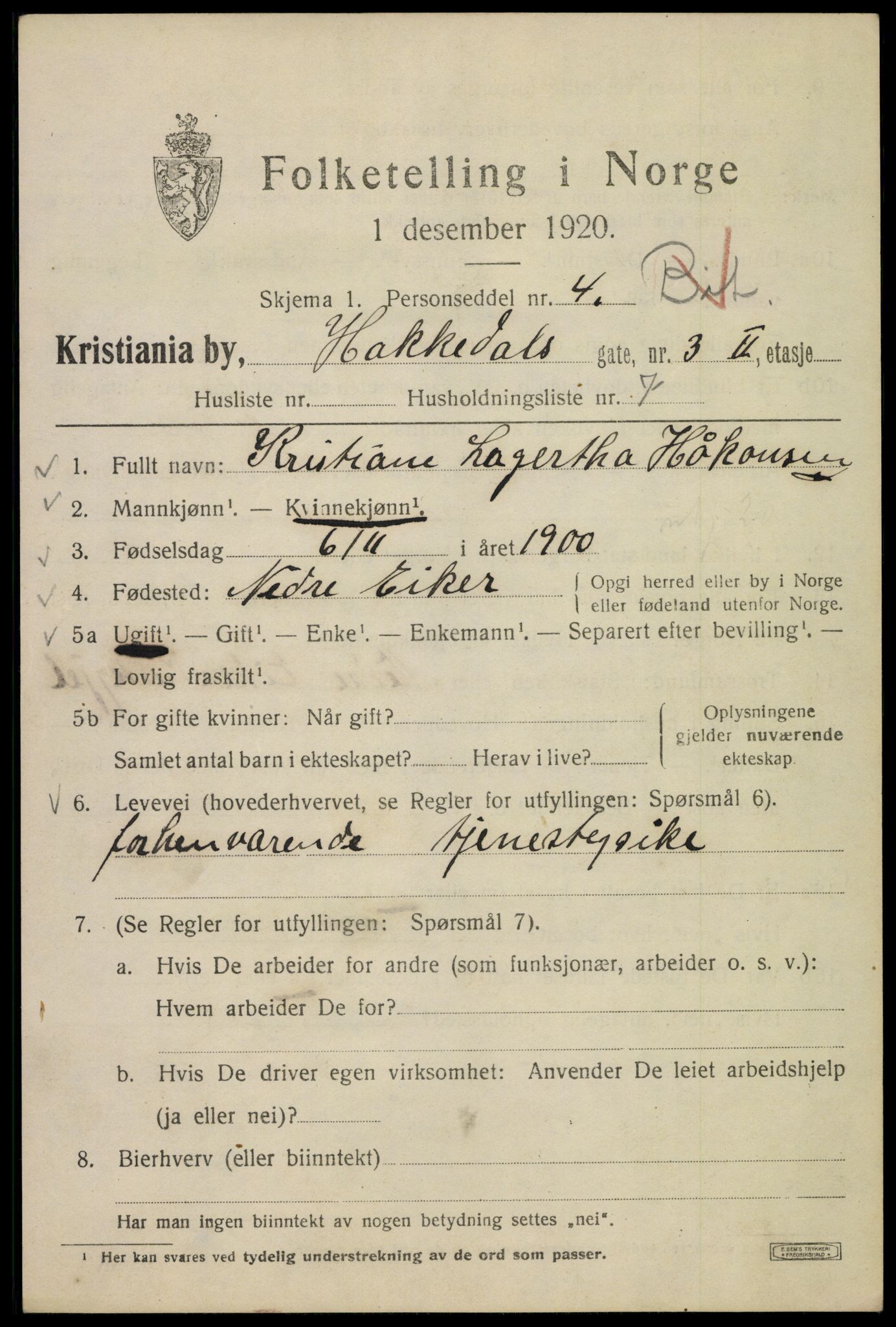 SAO, 1920 census for Kristiania, 1920, p. 267063