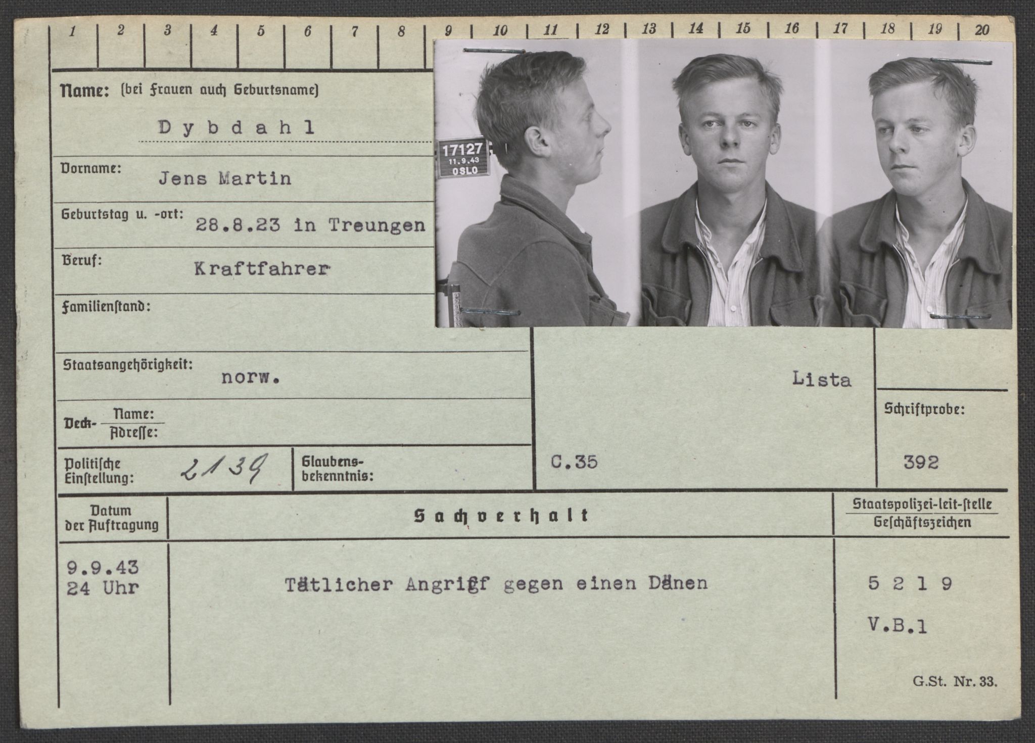 Befehlshaber der Sicherheitspolizei und des SD, RA/RAFA-5969/E/Ea/Eaa/L0002: Register over norske fanger i Møllergata 19: Bj-Eng, 1940-1945, p. 1105