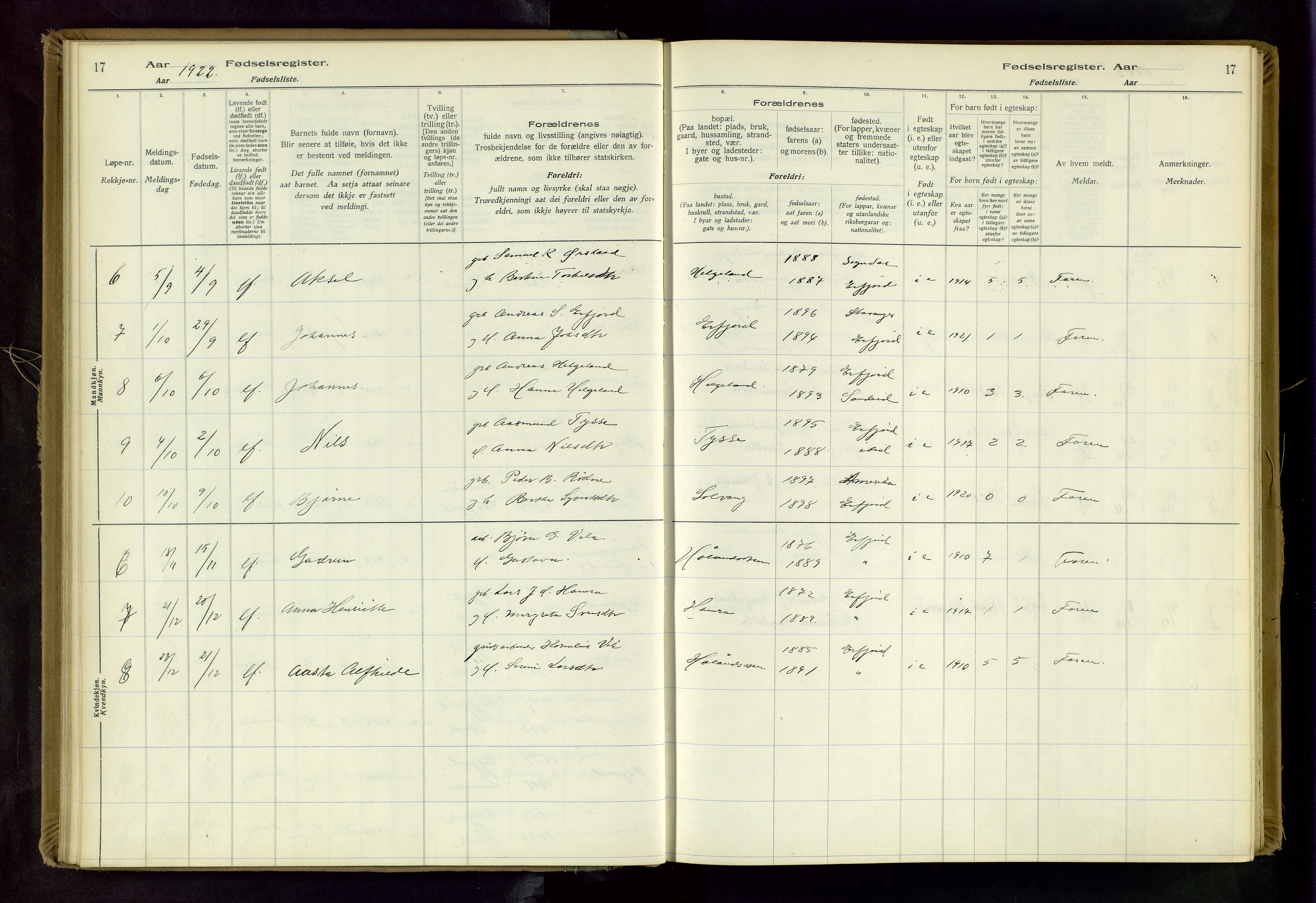 Jelsa sokneprestkontor, AV/SAST-A-101842/02/I: Birth register no. 14, 1916-1982, p. 17