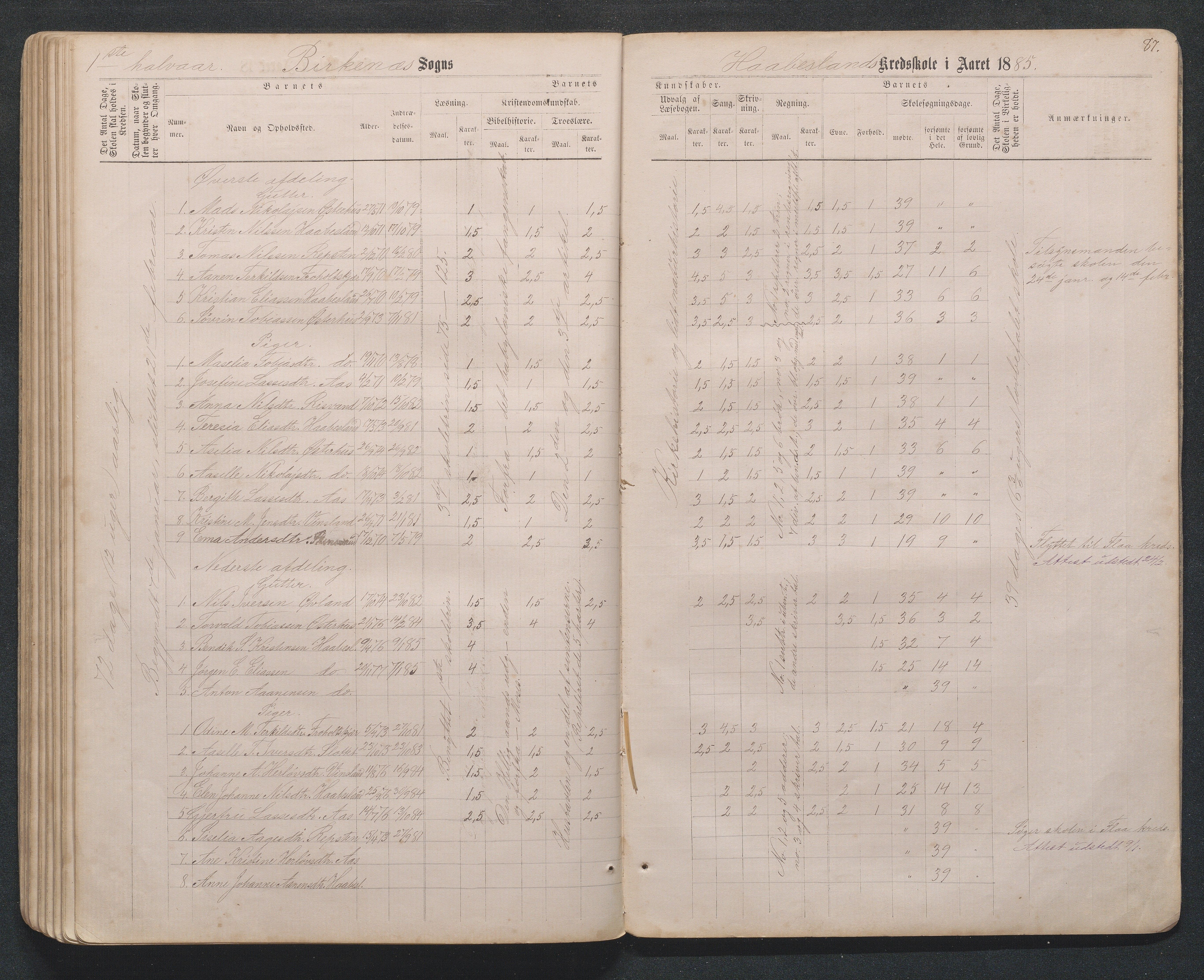 Birkenes kommune, Håbesland, Holte og Rislå skolekretser frem til 1991, AAKS/KA0928-550c_91/F02/L0001: Skoleprotokoll Håbesland, Holte og Rislå, 1868-1887, p. 87