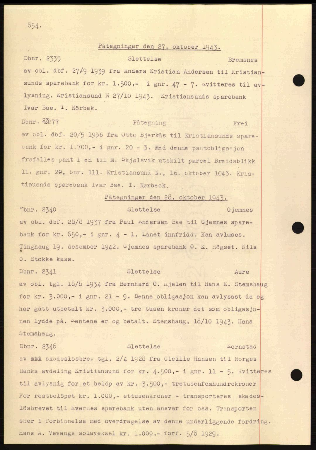 Nordmøre sorenskriveri, AV/SAT-A-4132/1/2/2Ca: Mortgage book no. C81, 1940-1945, Diary no: : 2335/1943