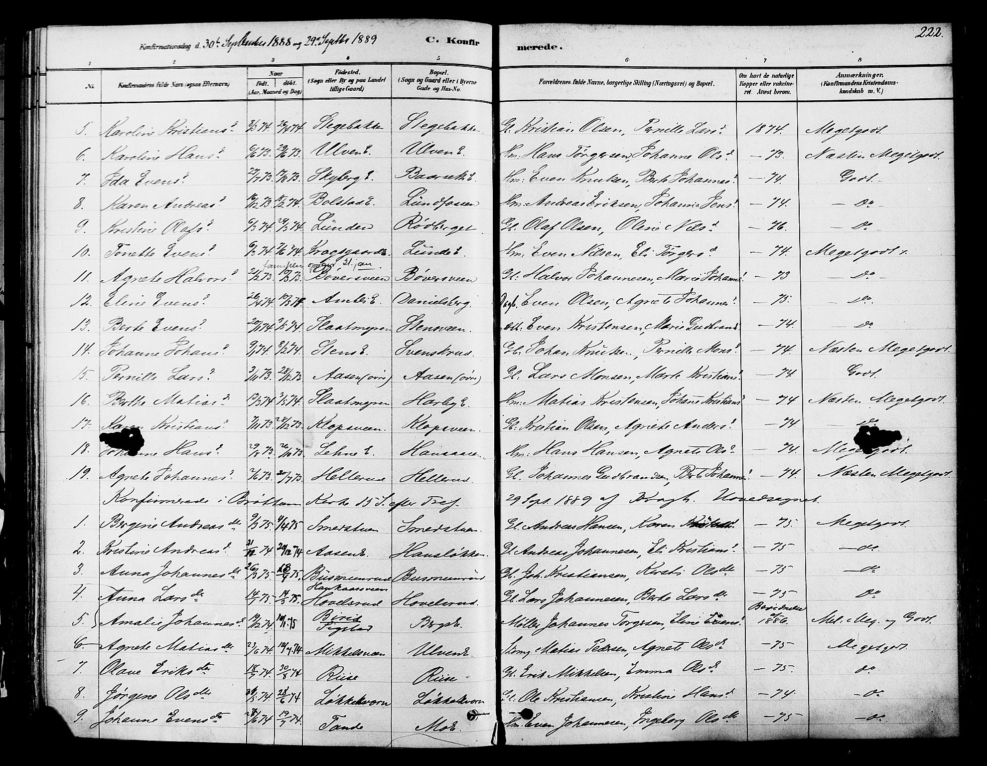 Ringsaker prestekontor, SAH/PREST-014/K/Ka/L0012: Parish register (official) no. 12, 1879-1890, p. 222