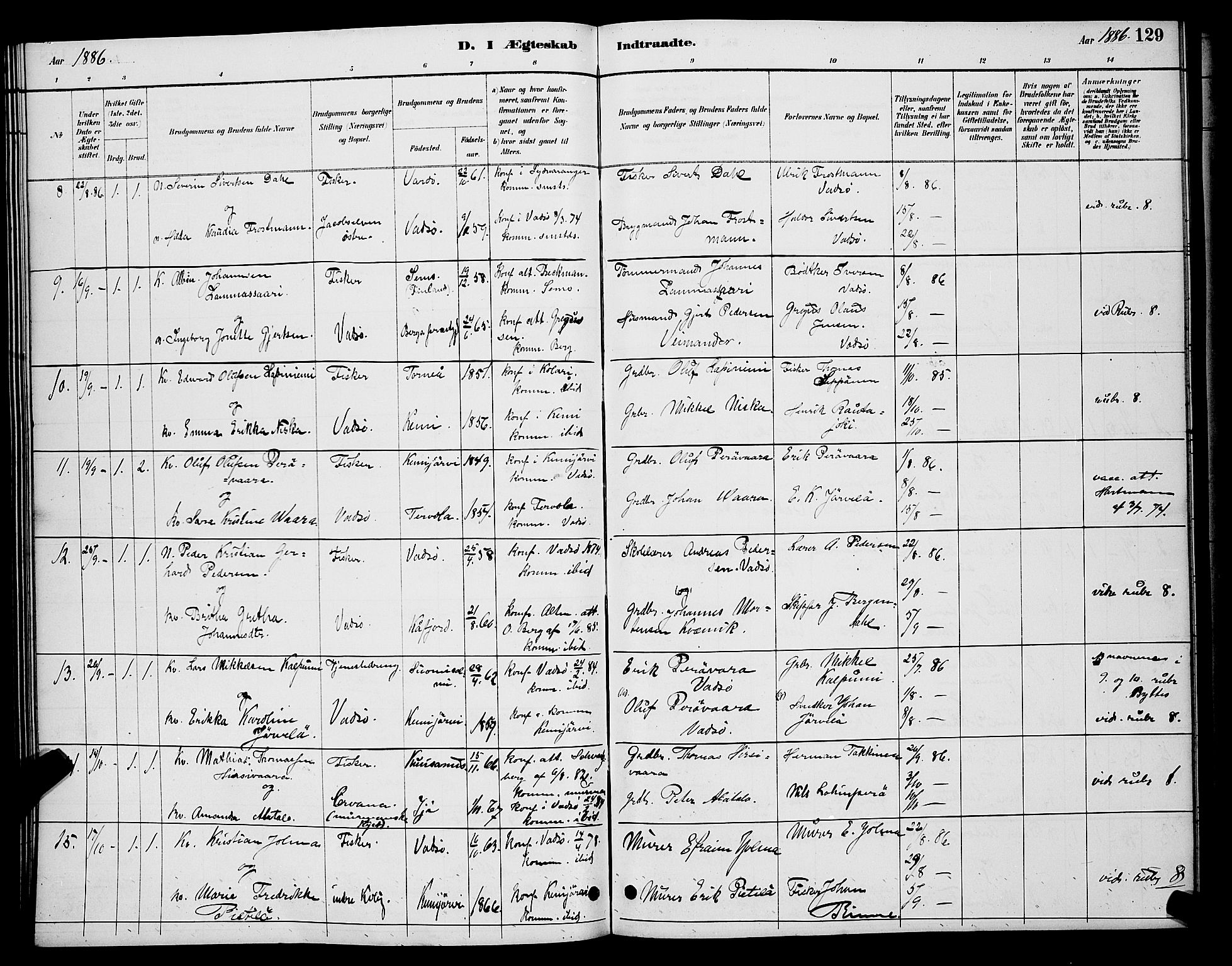 Vadsø sokneprestkontor, SATØ/S-1325/H/Hb/L0004klokker: Parish register (copy) no. 4, 1885-1895, p. 129