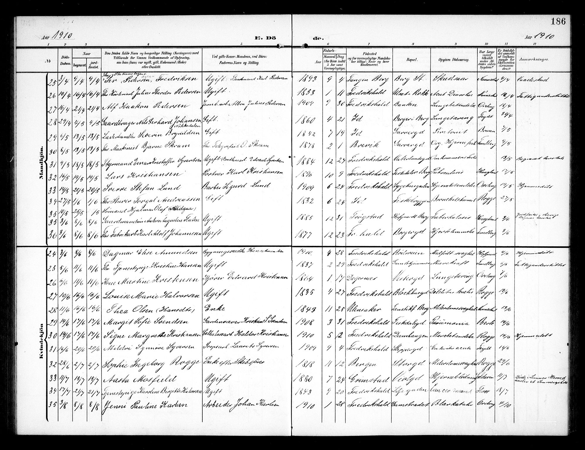 Halden prestekontor Kirkebøker, AV/SAO-A-10909/G/Ga/L0011: Parish register (copy) no. 11, 1906-1934, p. 186