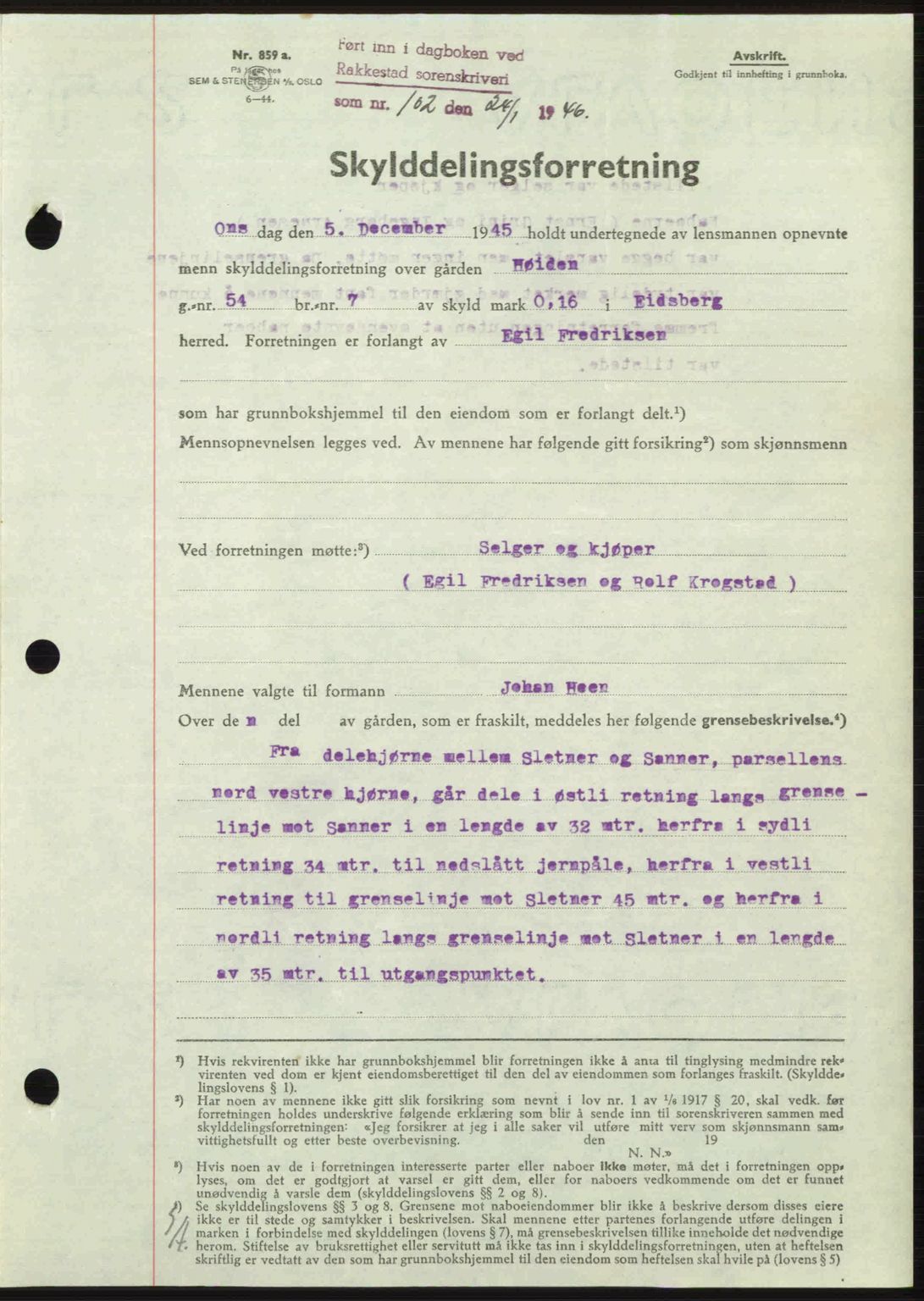 Rakkestad sorenskriveri, AV/SAO-A-10686/G/Gb/Gba/Gbab/L0012a: Mortgage book no. A12 I, 1945-1946, Diary no: : 102/1946