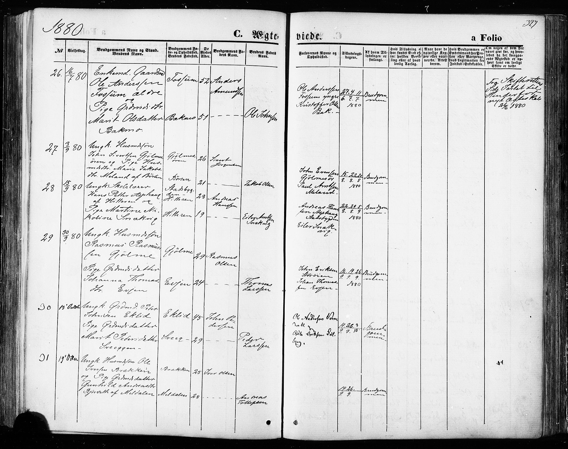 Ministerialprotokoller, klokkerbøker og fødselsregistre - Sør-Trøndelag, SAT/A-1456/668/L0807: Parish register (official) no. 668A07, 1870-1880, p. 327