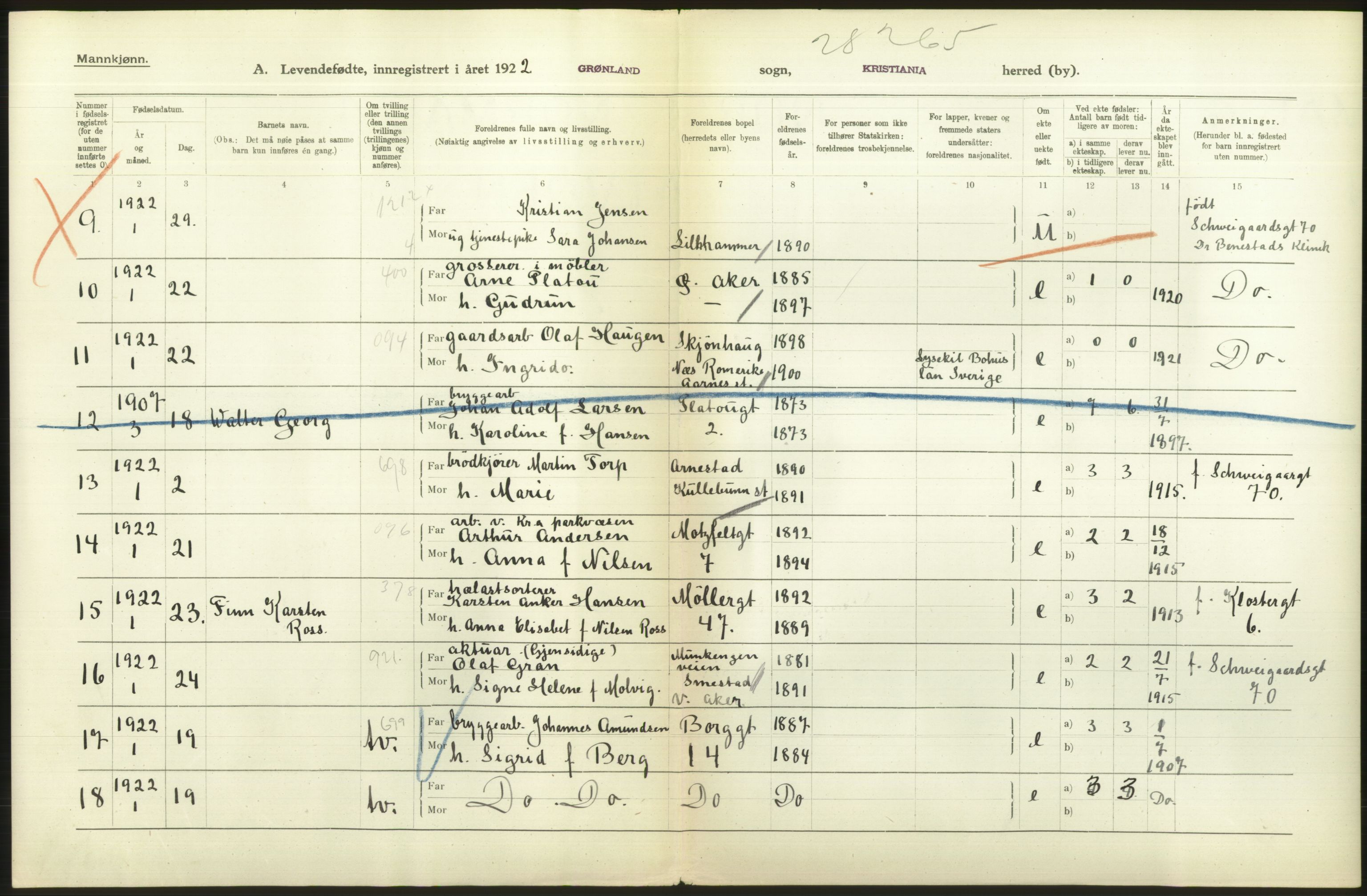 Statistisk sentralbyrå, Sosiodemografiske emner, Befolkning, AV/RA-S-2228/D/Df/Dfc/Dfcb/L0006: Kristiania: Levendefødte menn og kvinner., 1922, p. 4