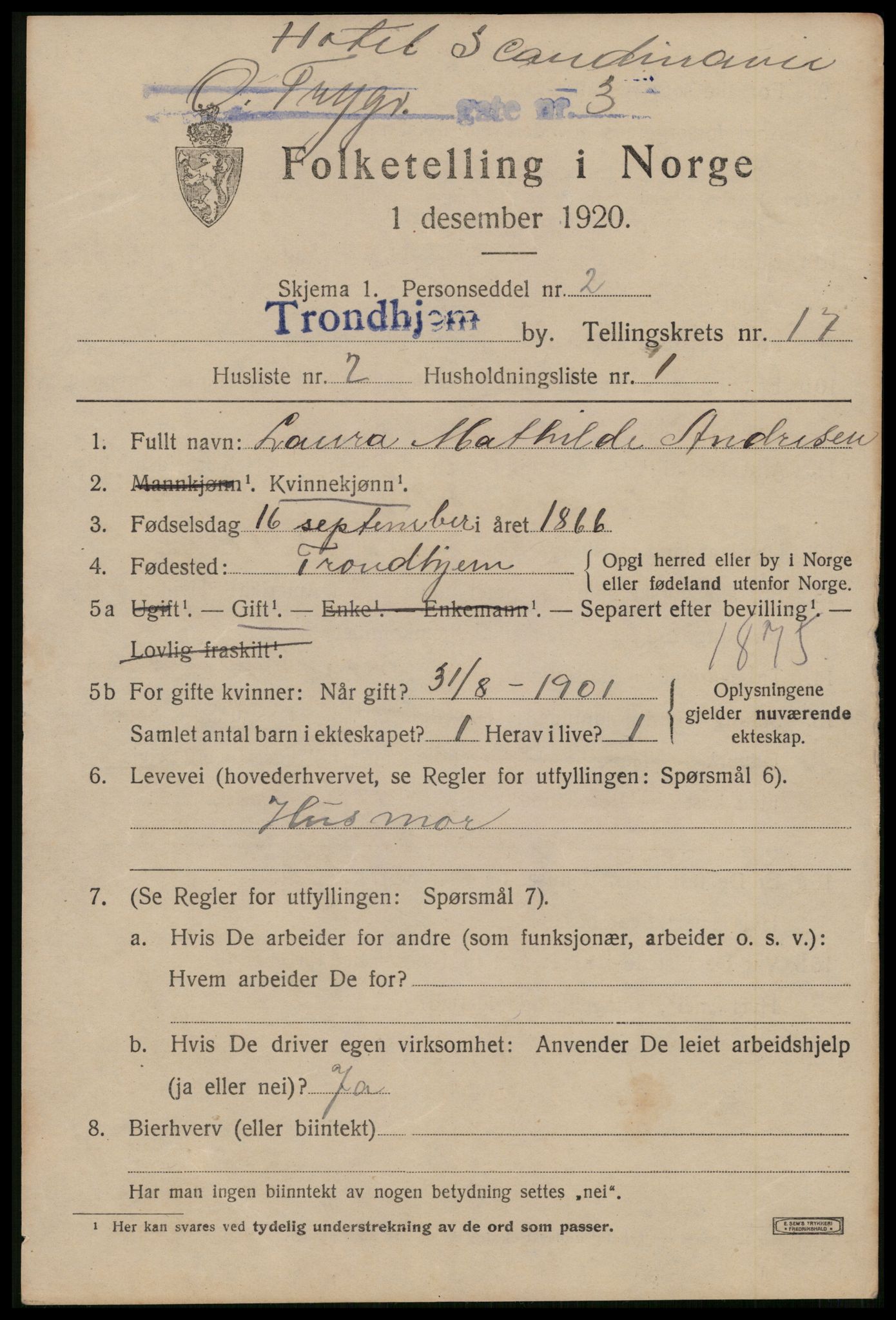SAT, 1920 census for Trondheim, 1920, p. 55396