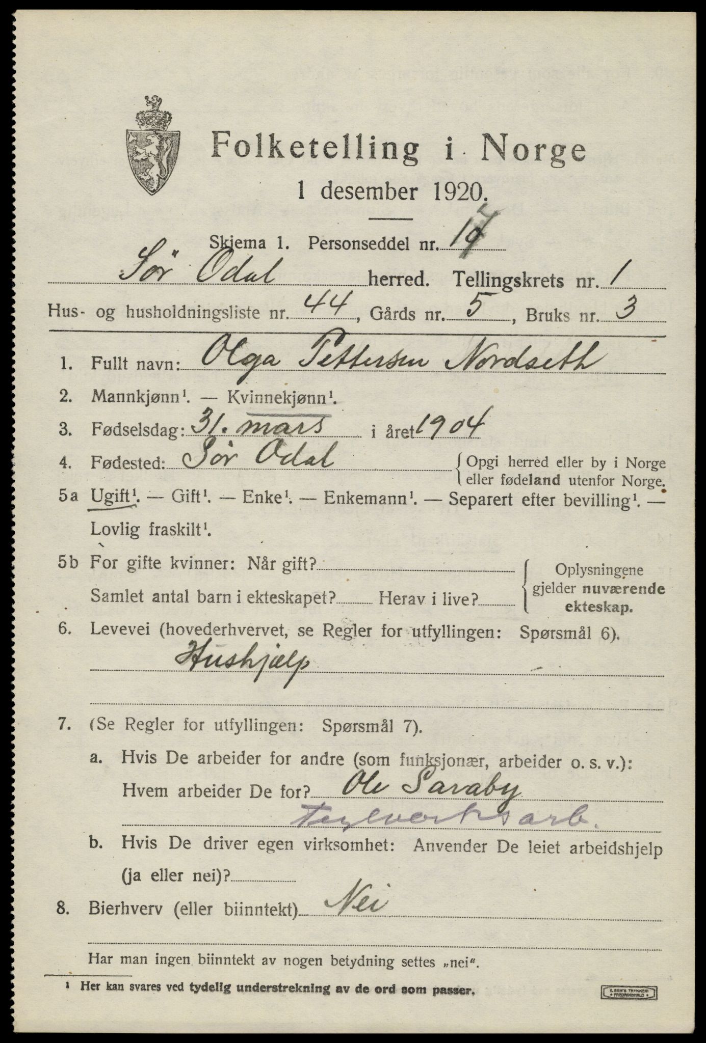 SAH, 1920 census for Sør-Odal, 1920, p. 2991