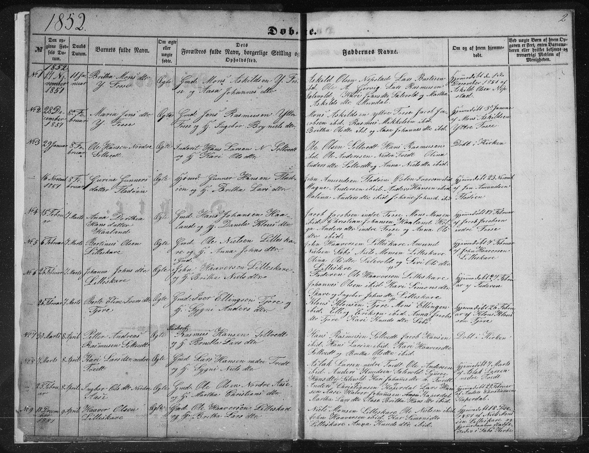 Alversund Sokneprestembete, SAB/A-73901/H/Ha/Hab: Parish register (copy) no. A 1, 1852-1864, p. 2