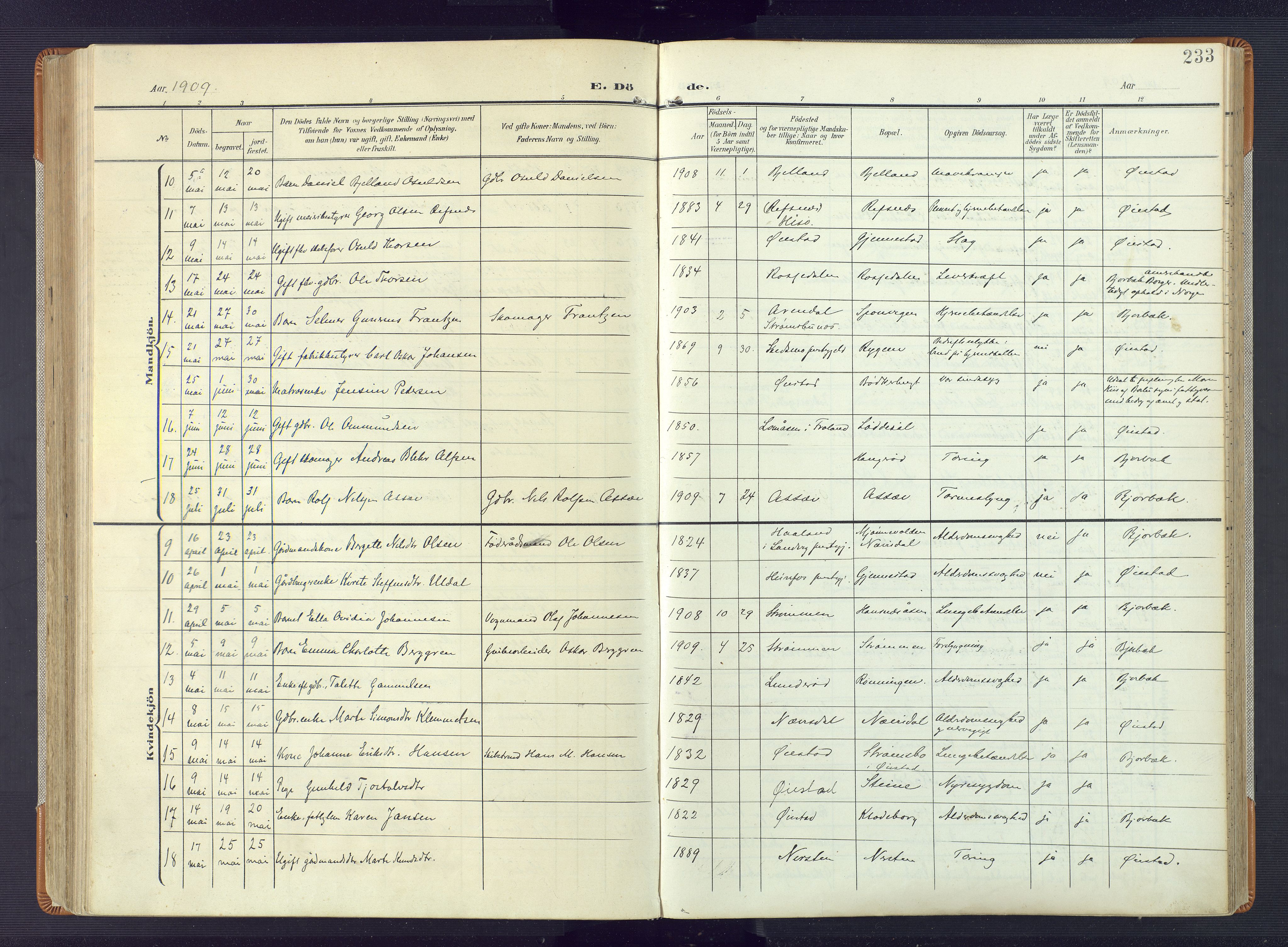 Øyestad sokneprestkontor, AV/SAK-1111-0049/F/Fa/L0019: Parish register (official) no. A 19, 1908-1922, p. 233