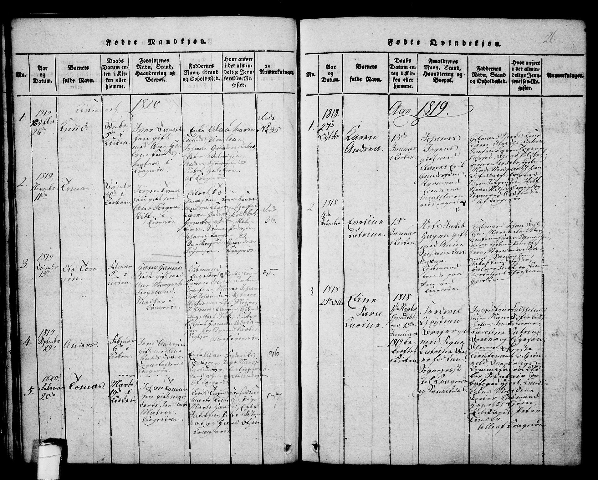 Kragerø kirkebøker, AV/SAKO-A-278/G/Ga/L0002: Parish register (copy) no. 2, 1814-1831, p. 26