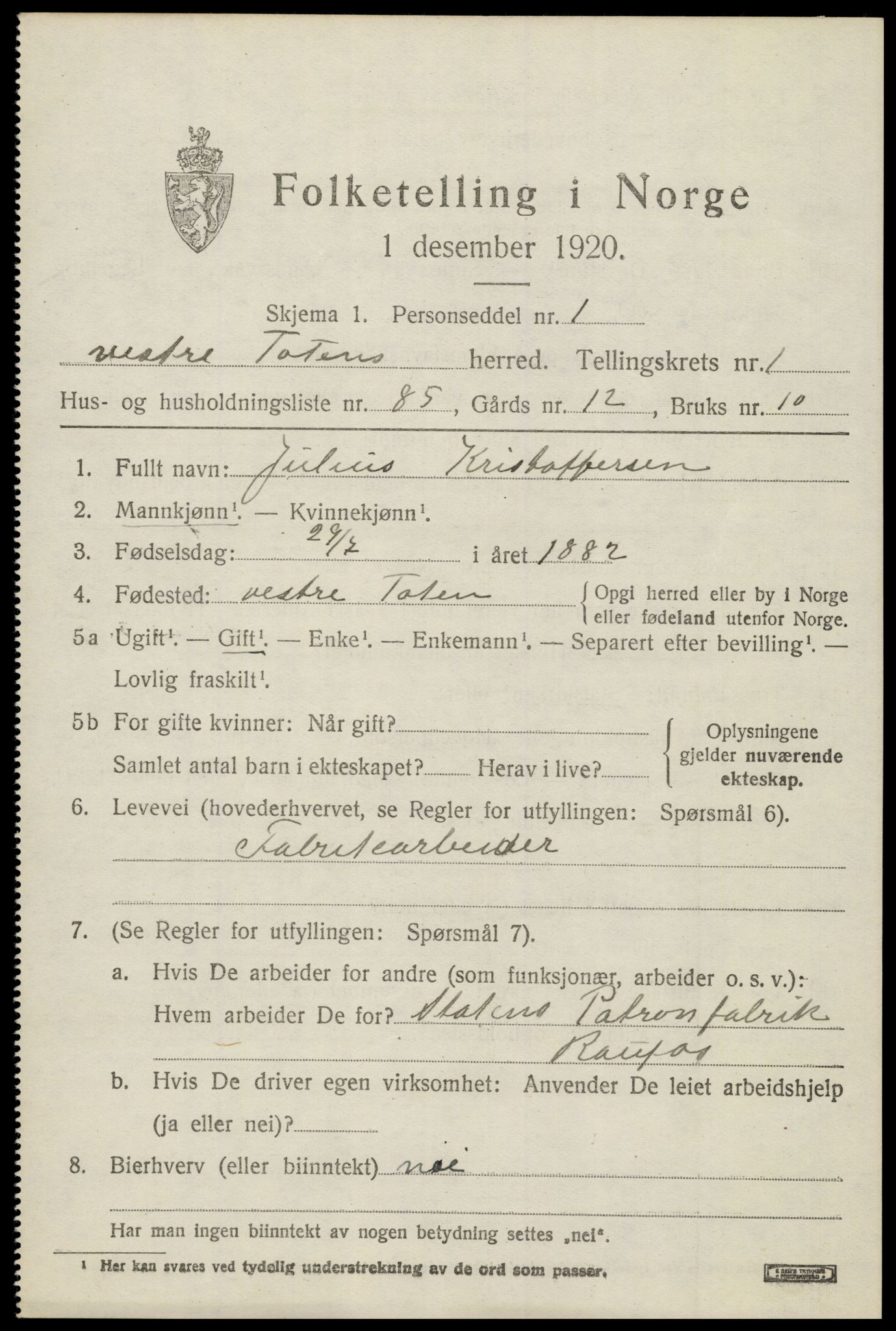 SAH, 1920 census for Vestre Toten, 1920, p. 2806