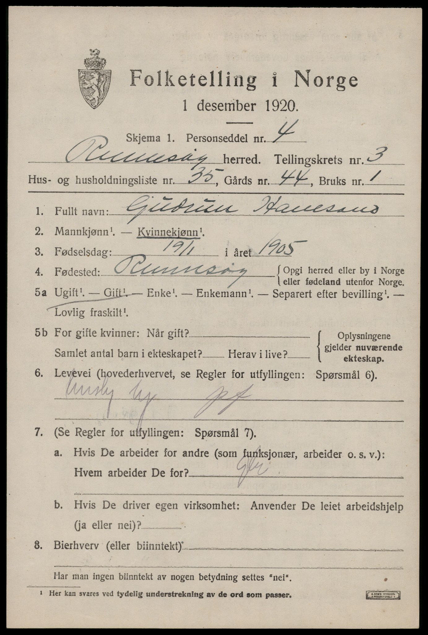 SAST, 1920 census for Rennesøy, 1920, p. 2362