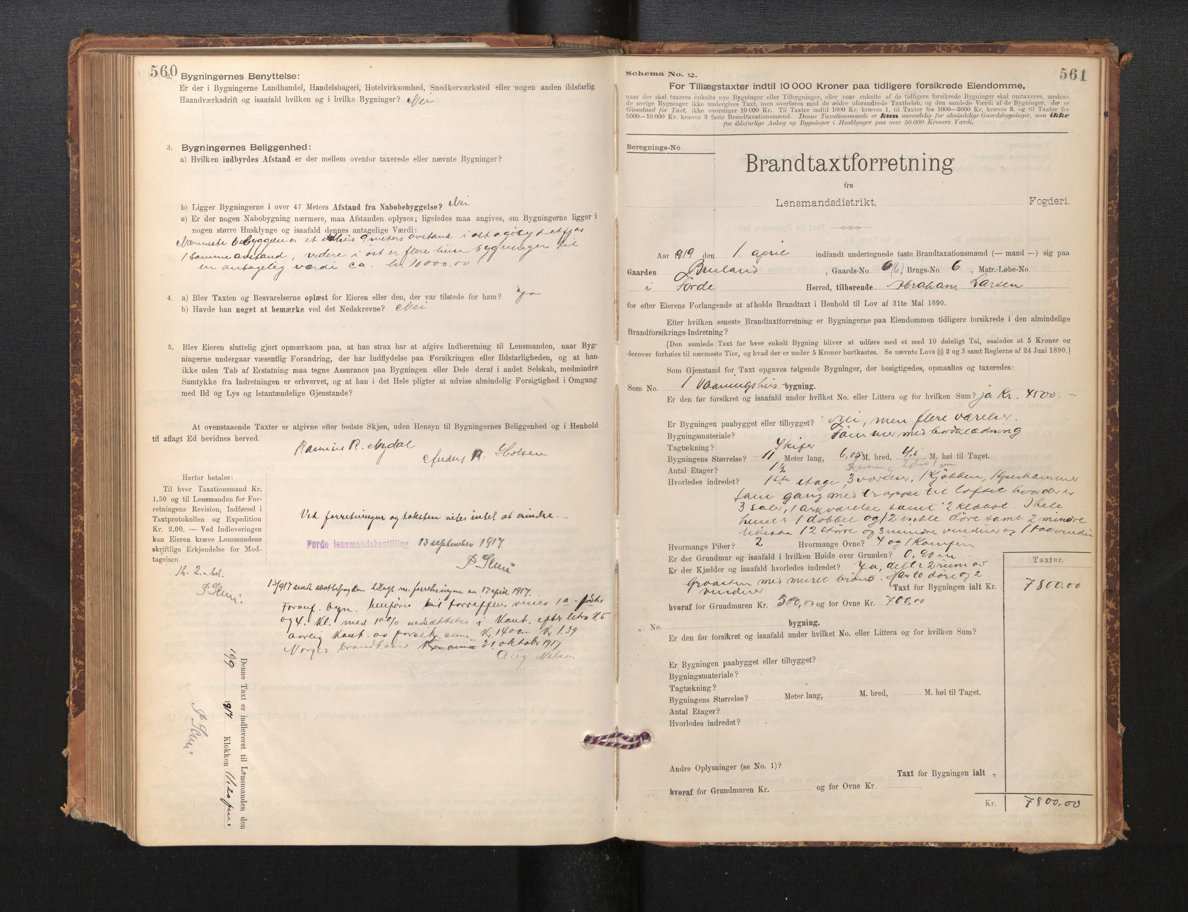 Lensmannen i Førde, SAB/A-27401/0012/L0008: Branntakstprotokoll, skjematakst, 1895-1922, p. 560-561