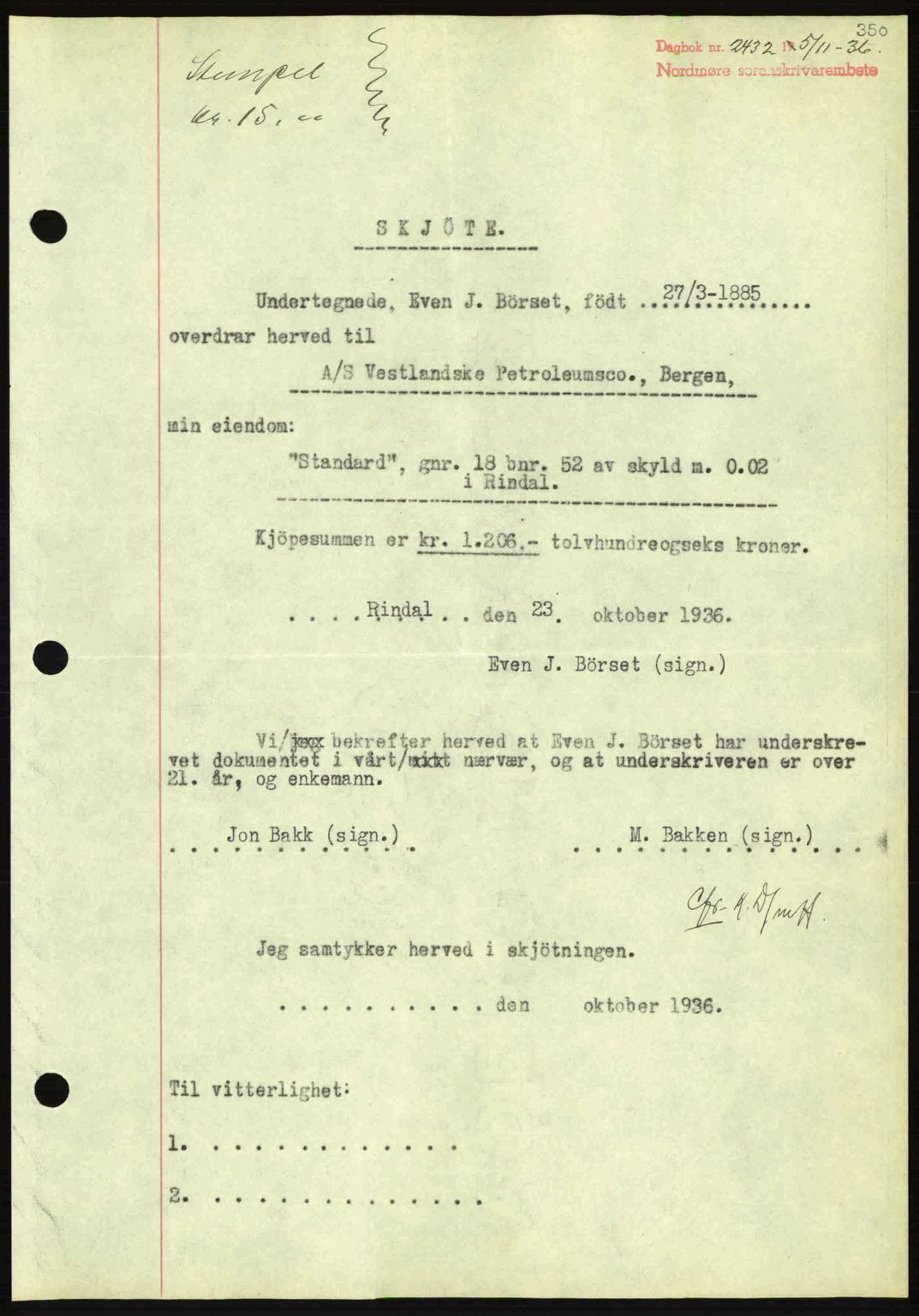 Nordmøre sorenskriveri, AV/SAT-A-4132/1/2/2Ca: Mortgage book no. A80, 1936-1937, Diary no: : 2432/1936