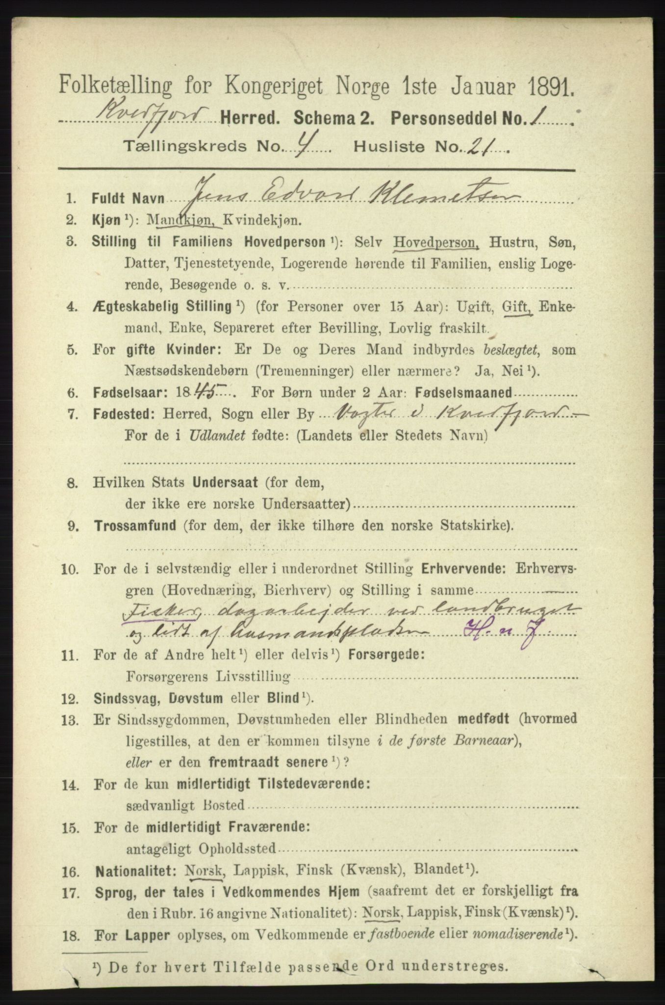 RA, 1891 census for 1911 Kvæfjord, 1891, p. 2011