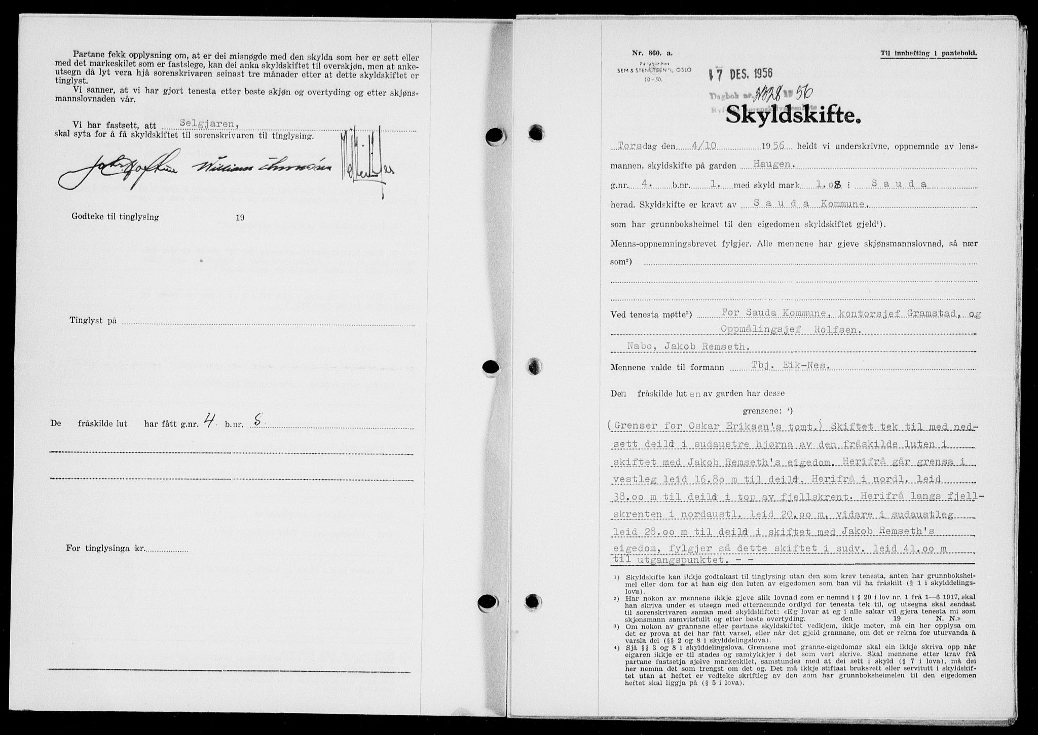 Ryfylke tingrett, SAST/A-100055/001/II/IIB/L0135: Mortgage book no. 114, 1956-1957, Diary no: : 2328/1956
