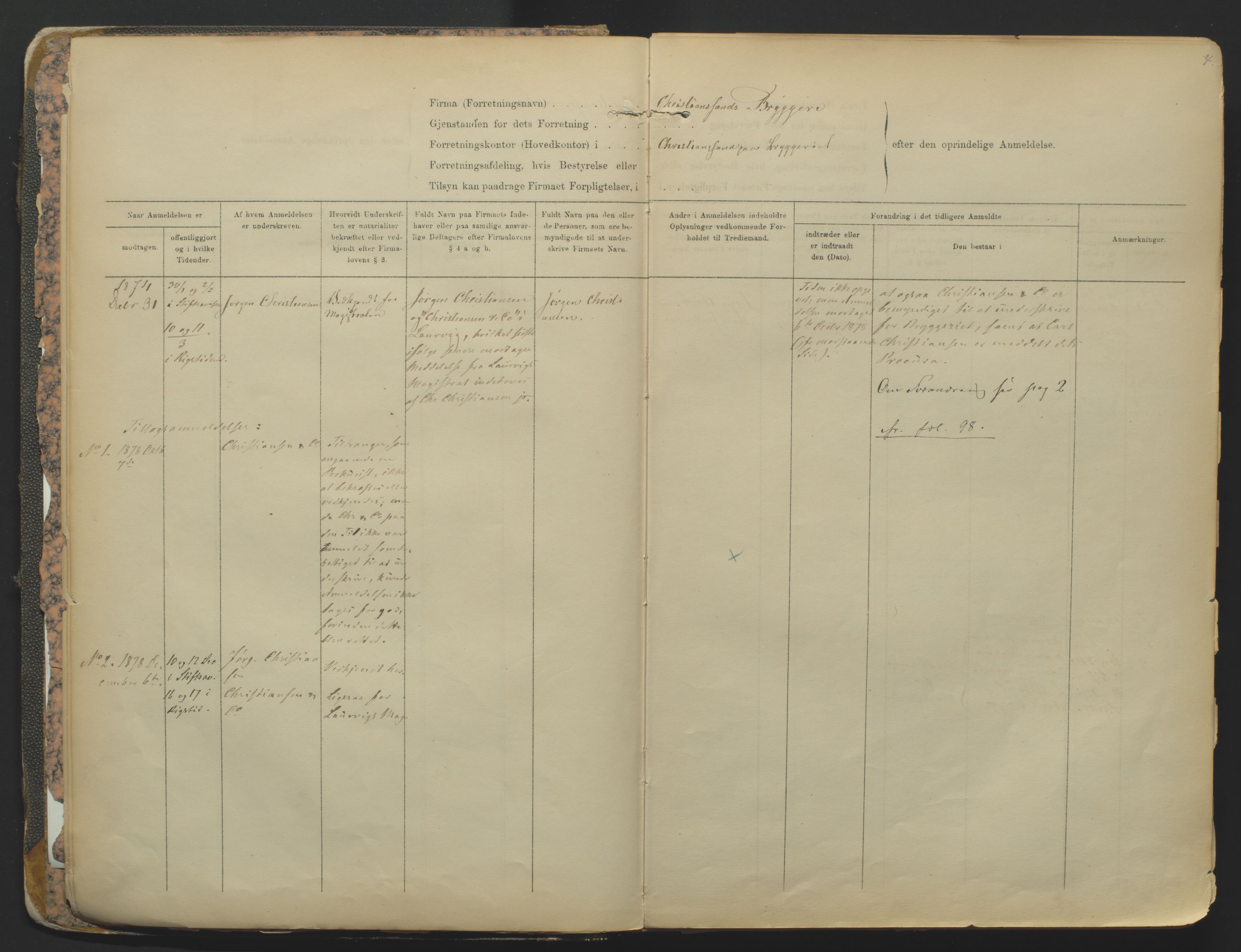 Kristiansand byrett, SAK/1223-0001/K/Kb/L0001: Firmaregister A, med register, 1874-1890, p. 4