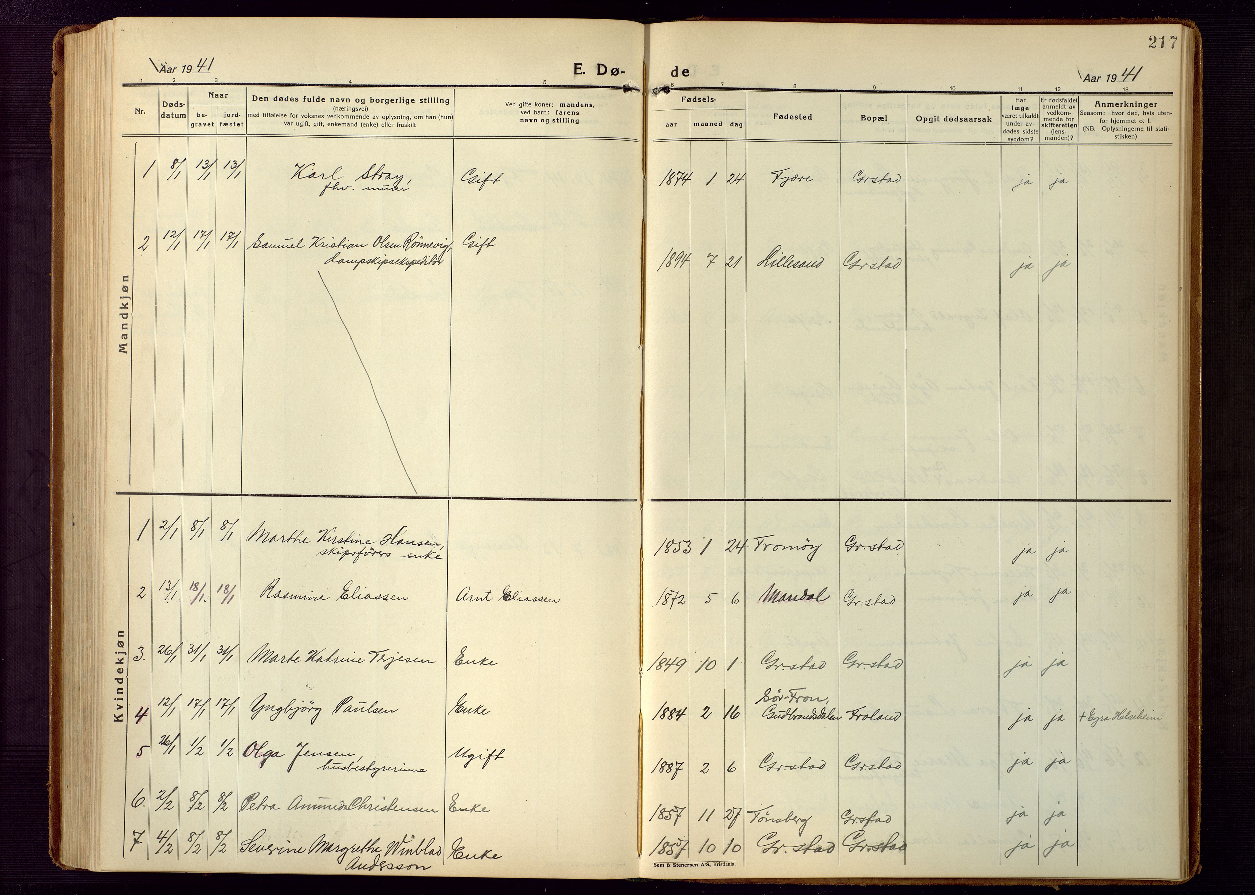 Grimstad sokneprestkontor, AV/SAK-1111-0017/F/Fb/L0002: Parish register (copy) no. B 2, 1923-1949, p. 217