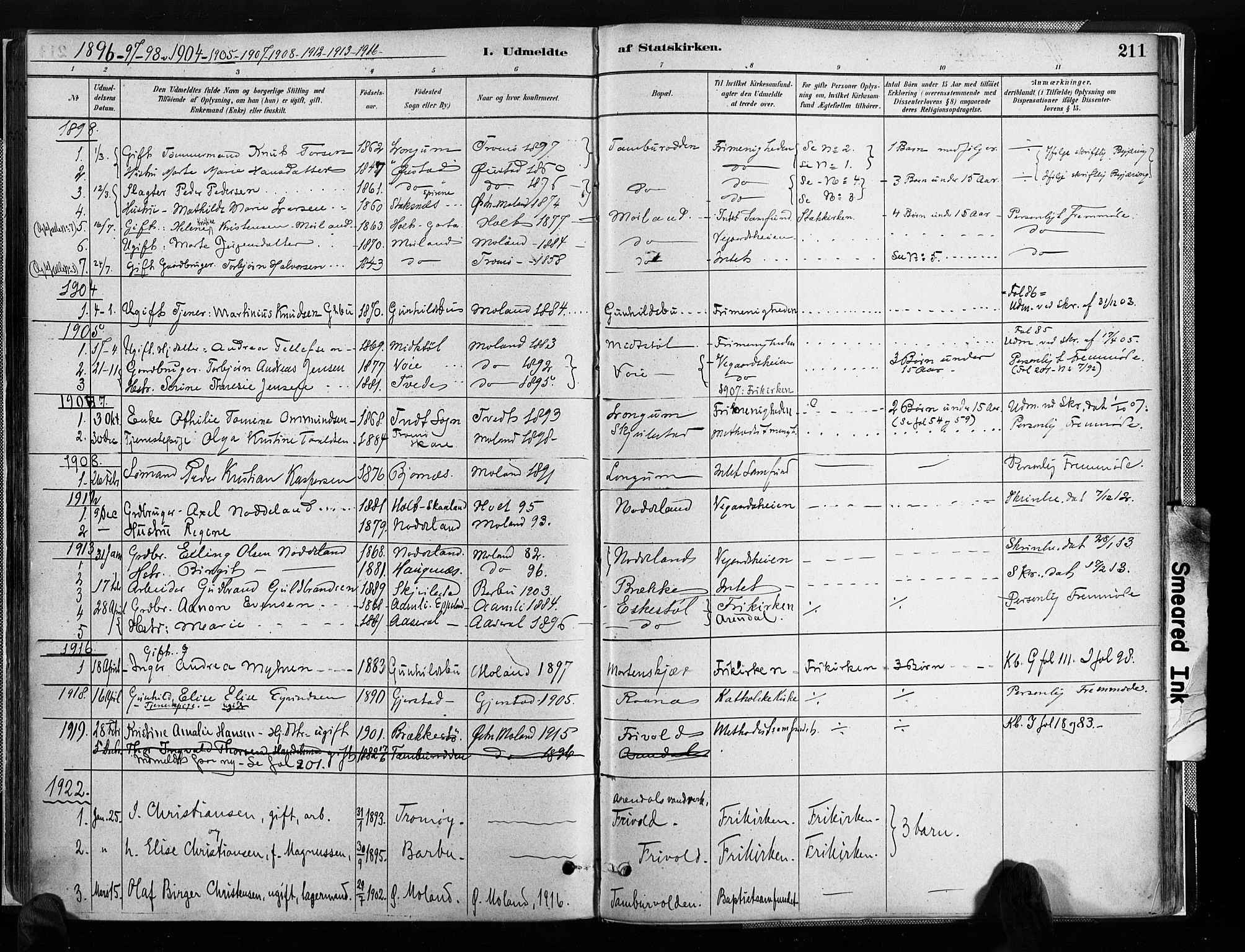 Austre Moland sokneprestkontor, SAK/1111-0001/F/Fa/Faa/L0010: Parish register (official) no. A 10, 1880-1904, p. 211