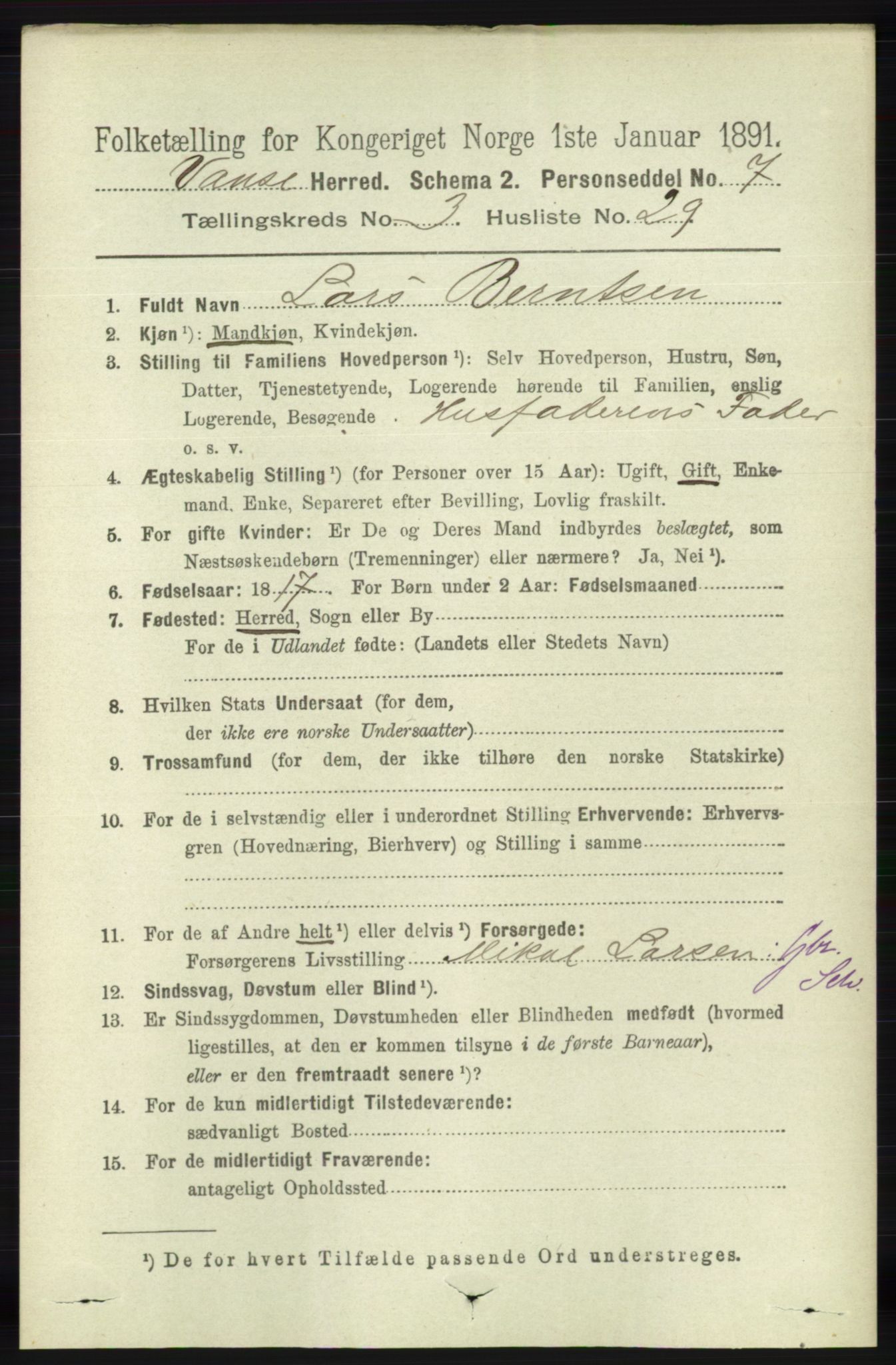 RA, 1891 census for 1041 Vanse, 1891, p. 1537