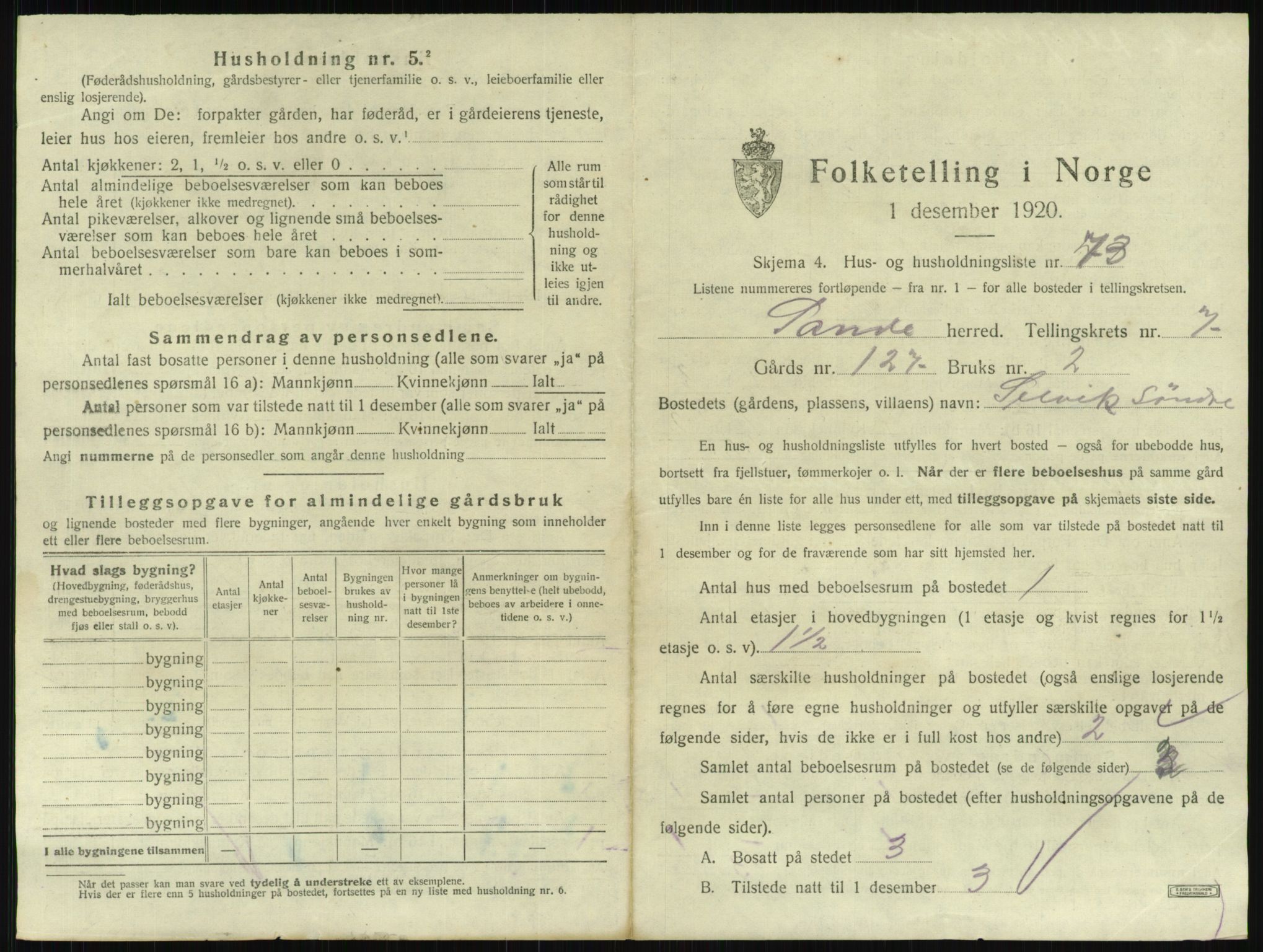 SAKO, 1920 census for Sande, 1920, p. 1357