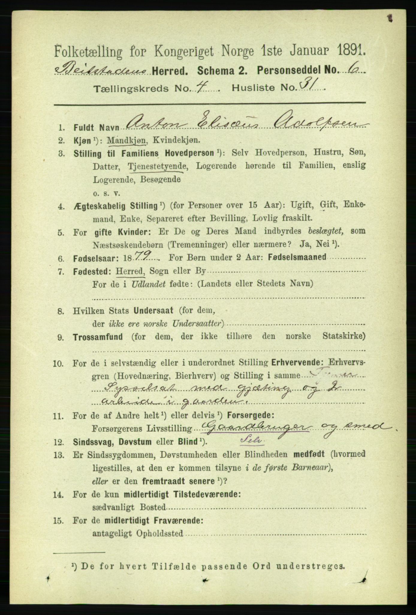 RA, 1891 census for 1727 Beitstad, 1891, p. 1186