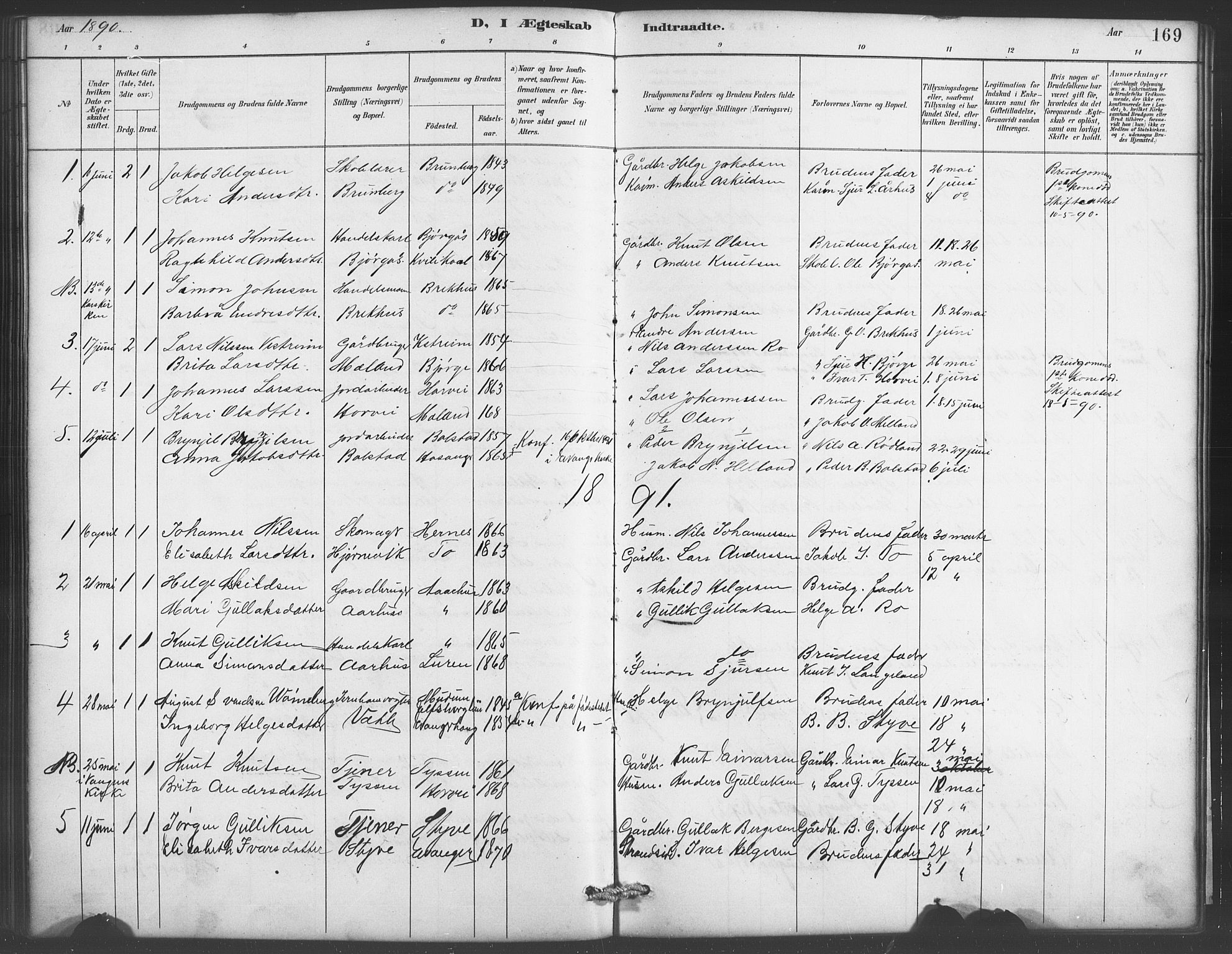 Evanger sokneprestembete, SAB/A-99924: Parish register (copy) no. A 4, 1887-1897, p. 169
