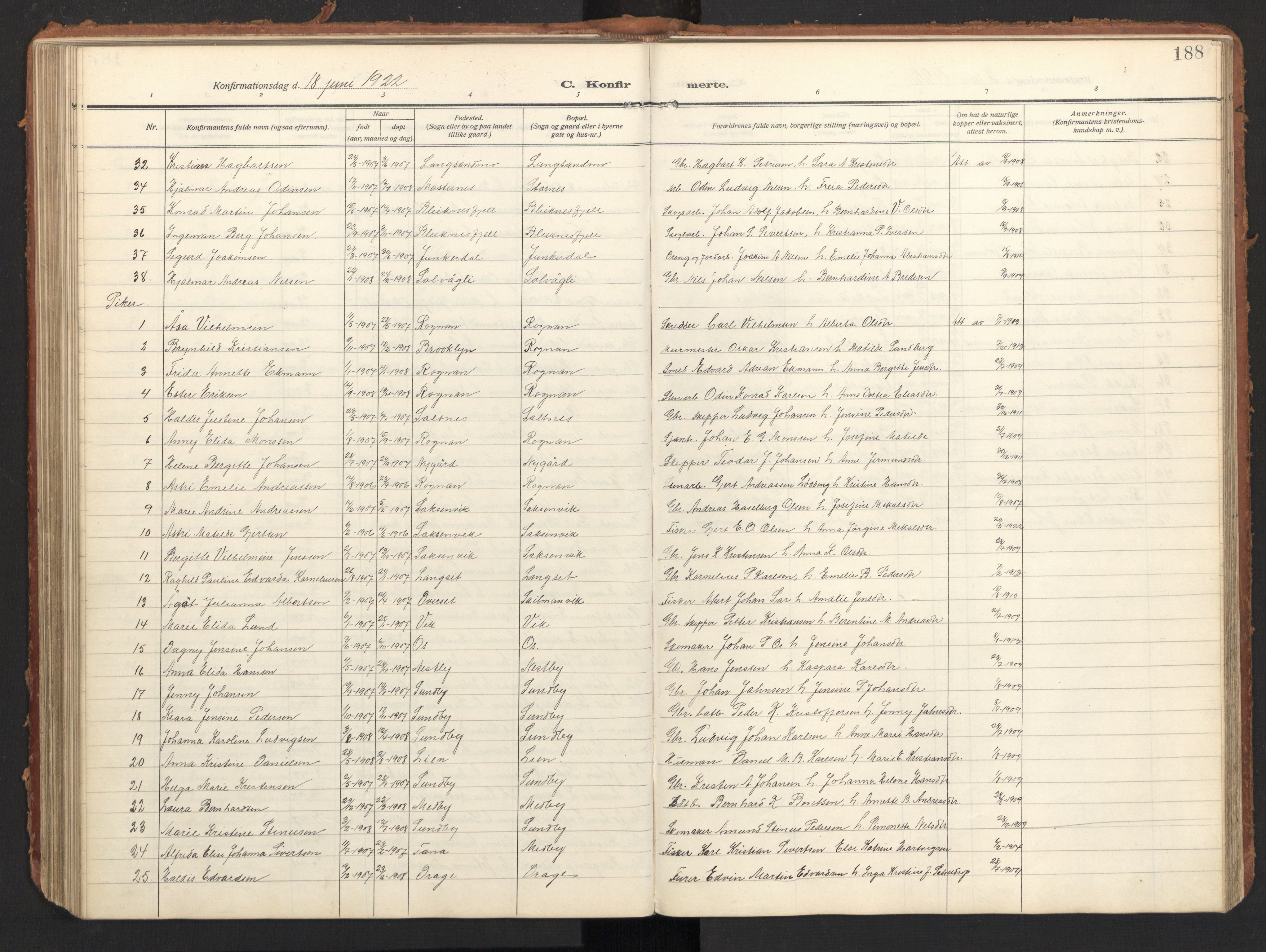 Ministerialprotokoller, klokkerbøker og fødselsregistre - Nordland, AV/SAT-A-1459/847/L0683: Parish register (copy) no. 847C11, 1908-1929, p. 188