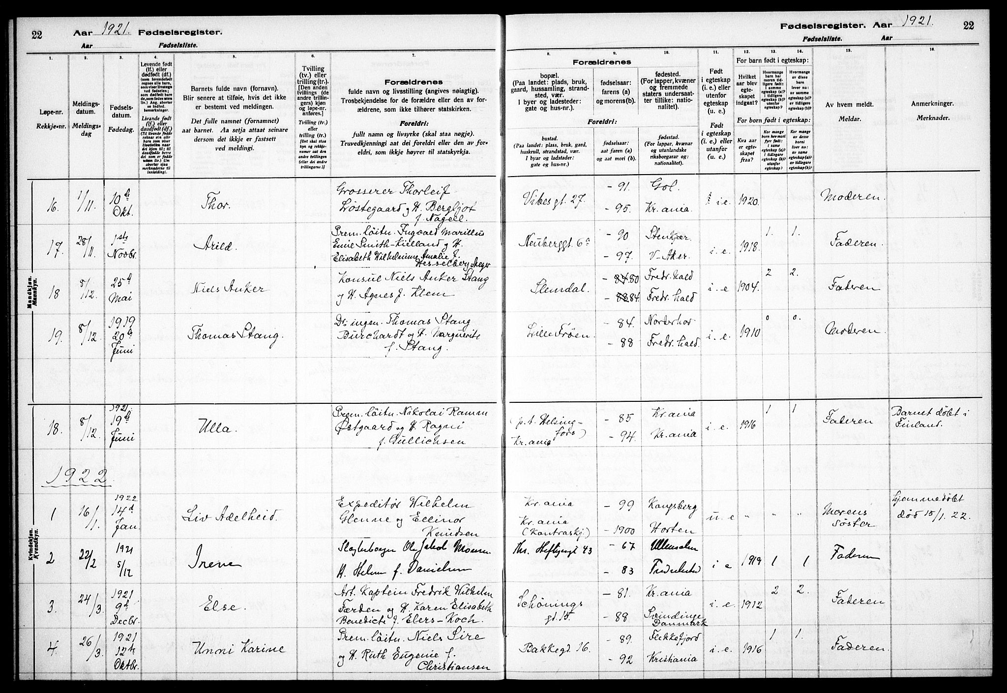 Garnisonsmenigheten Kirkebøker, AV/SAO-A-10846/J/Ja/L0001: Birth register no. 1, 1916-1938, p. 22