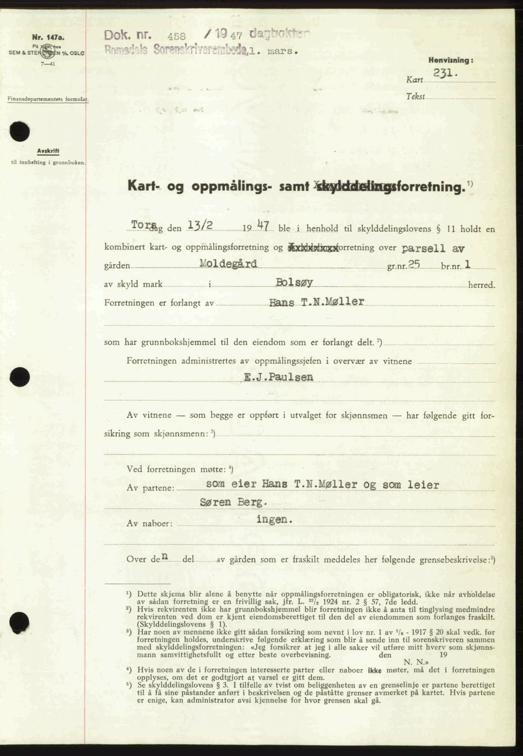 Romsdal sorenskriveri, SAT/A-4149/1/2/2C: Mortgage book no. A22, 1947-1947, Diary no: : 458/1947
