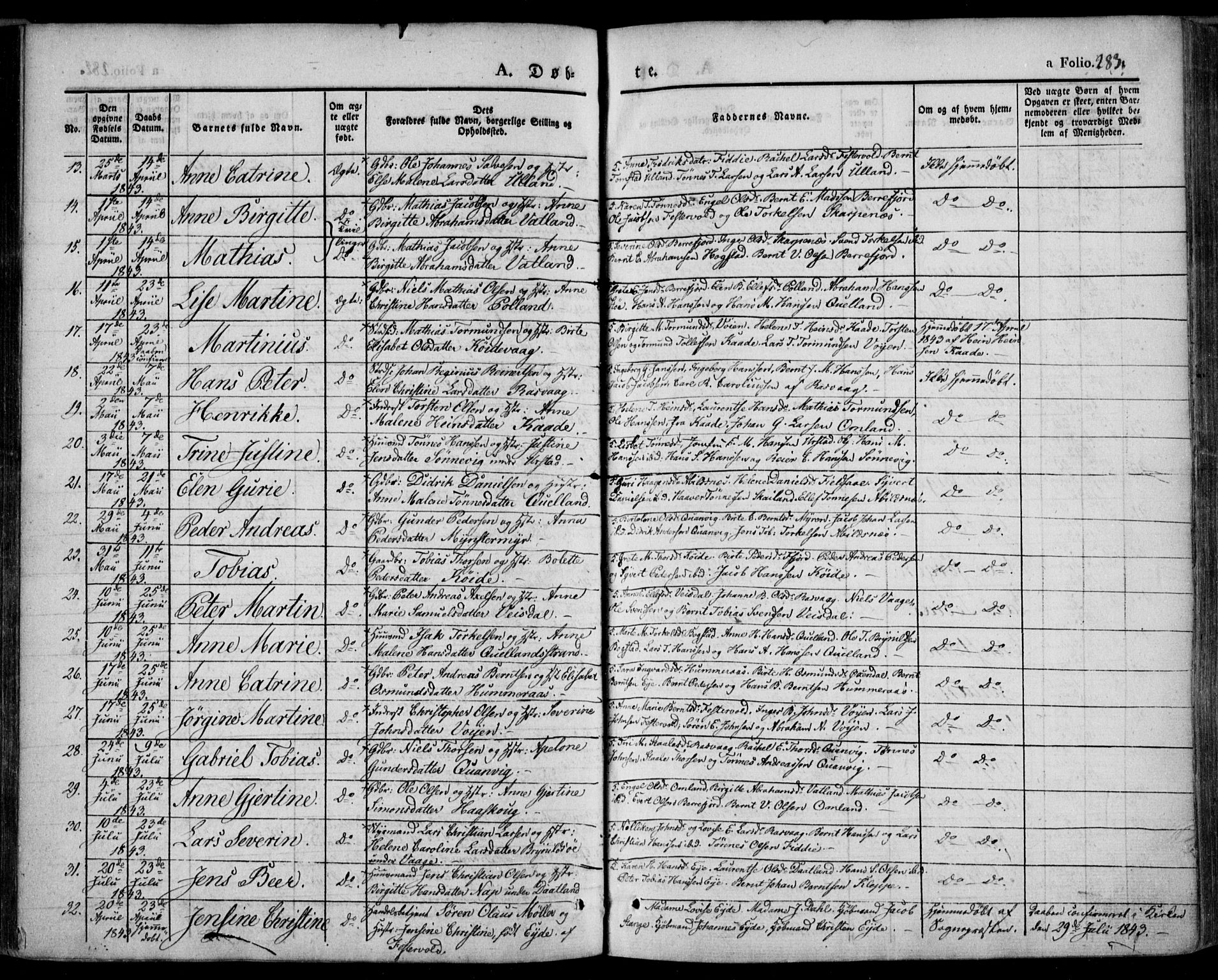 Flekkefjord sokneprestkontor, AV/SAK-1111-0012/F/Fa/Fac/L0004: Parish register (official) no. A 4, 1841-1849, p. 283