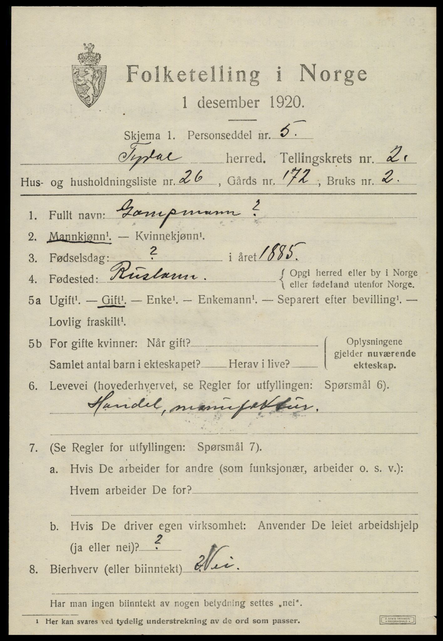 SAT, 1920 census for Tydal, 1920, p. 877