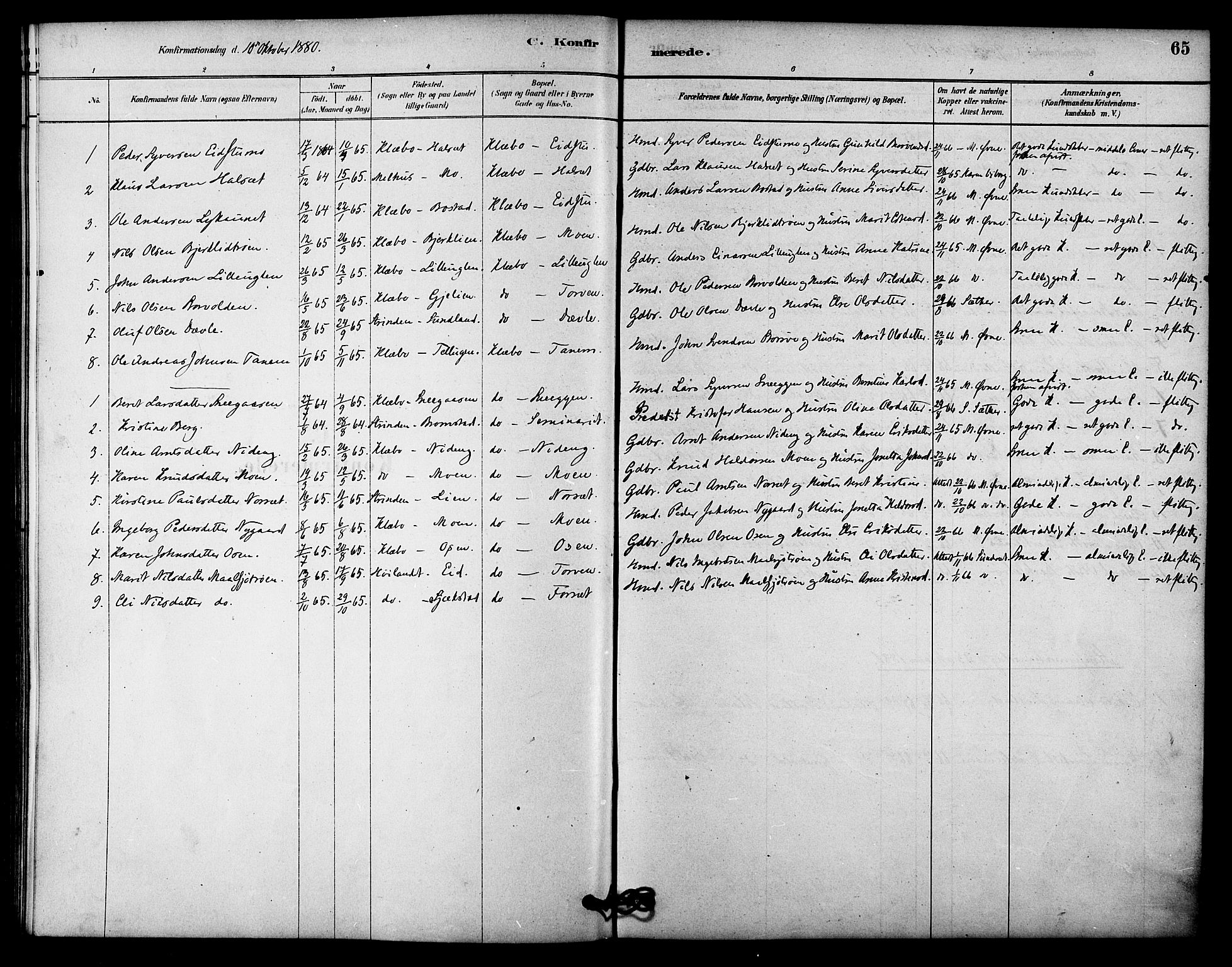 Ministerialprotokoller, klokkerbøker og fødselsregistre - Sør-Trøndelag, SAT/A-1456/618/L0444: Parish register (official) no. 618A07, 1880-1898, p. 65