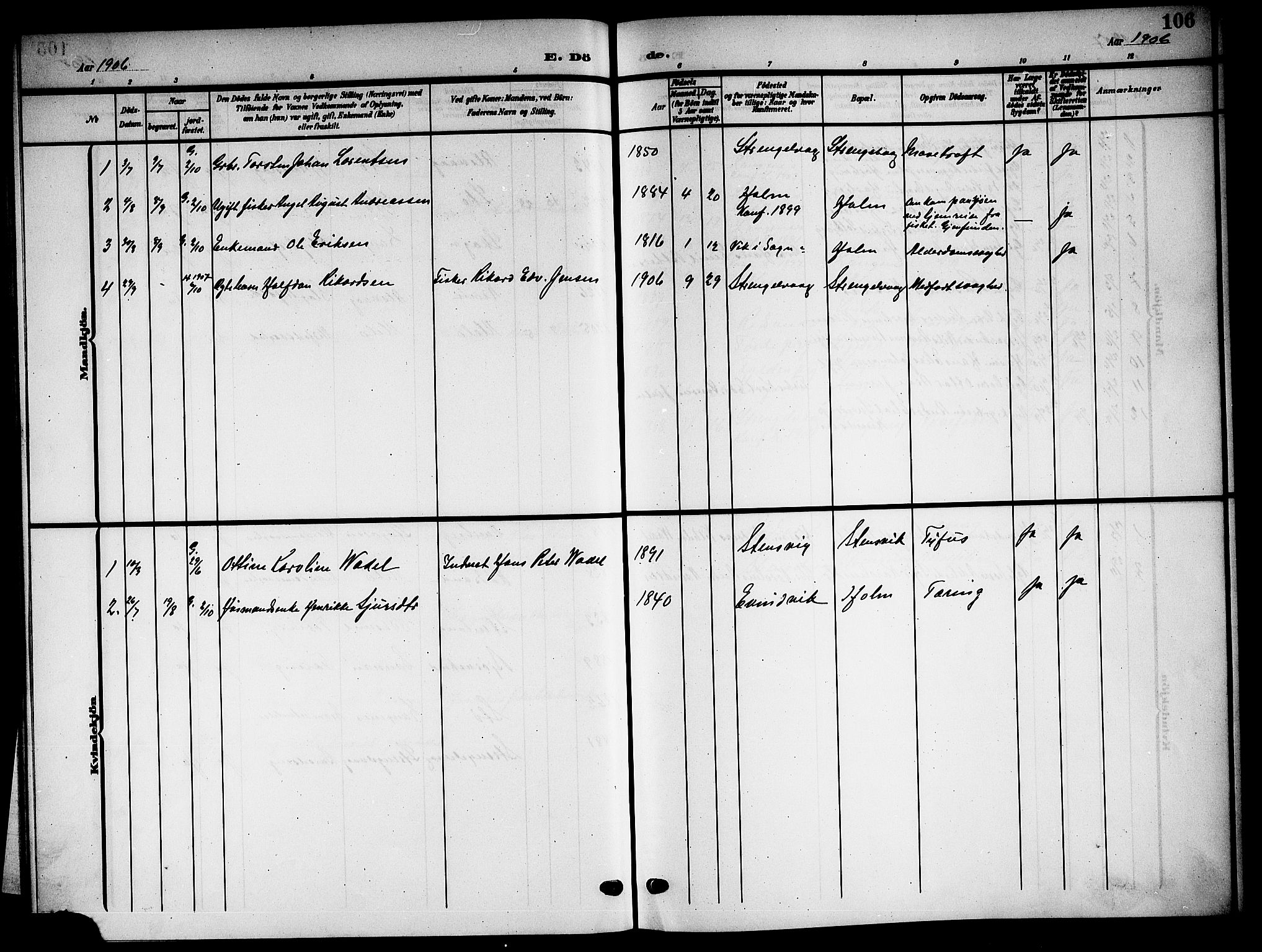 Ministerialprotokoller, klokkerbøker og fødselsregistre - Nordland, AV/SAT-A-1459/894/L1361: Parish register (copy) no. 894C04, 1905-1922, p. 106